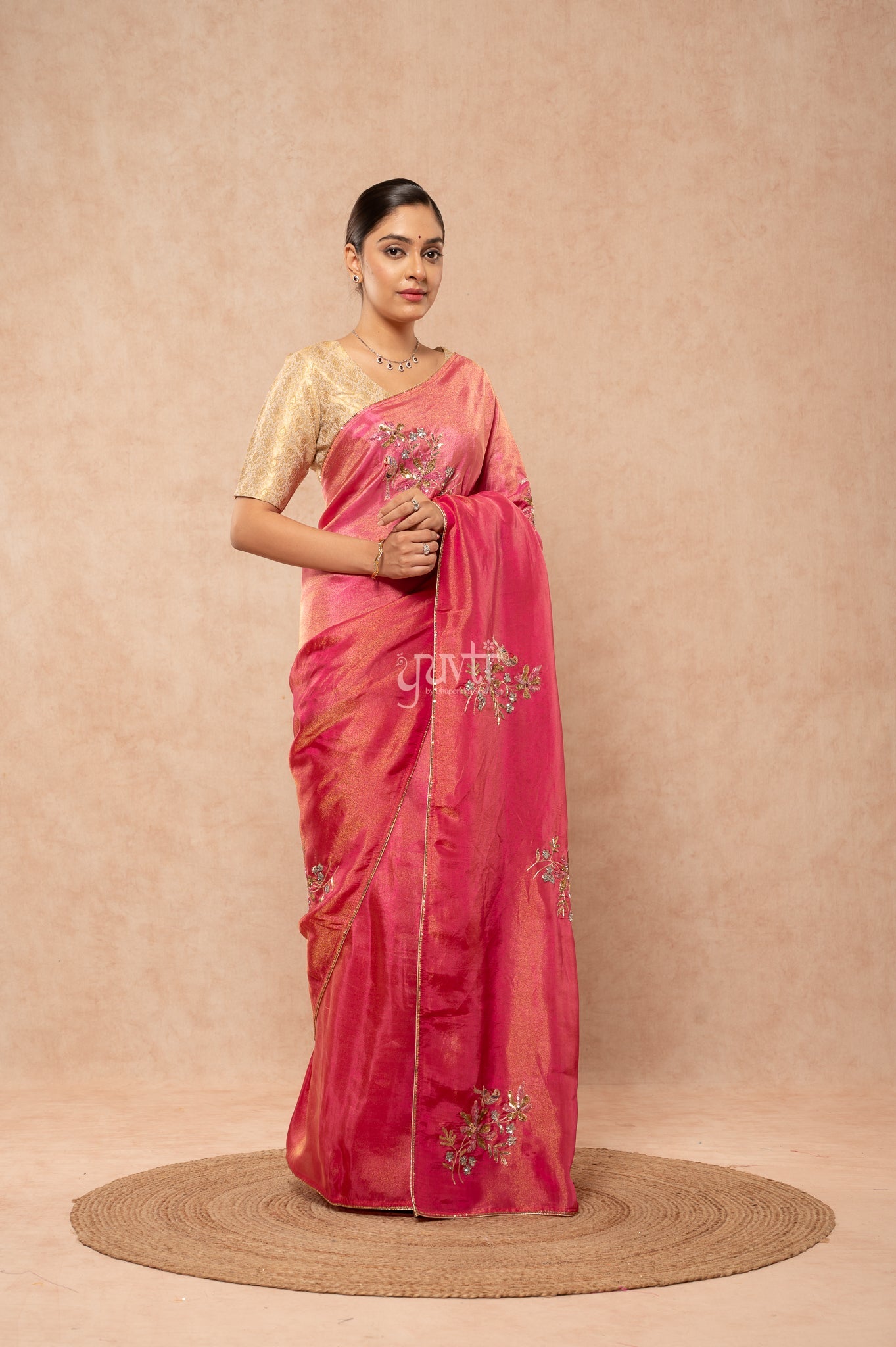 Rani Viscose Tissue Aari Sequins Motifs ( Butti ) Handwork Party Saree