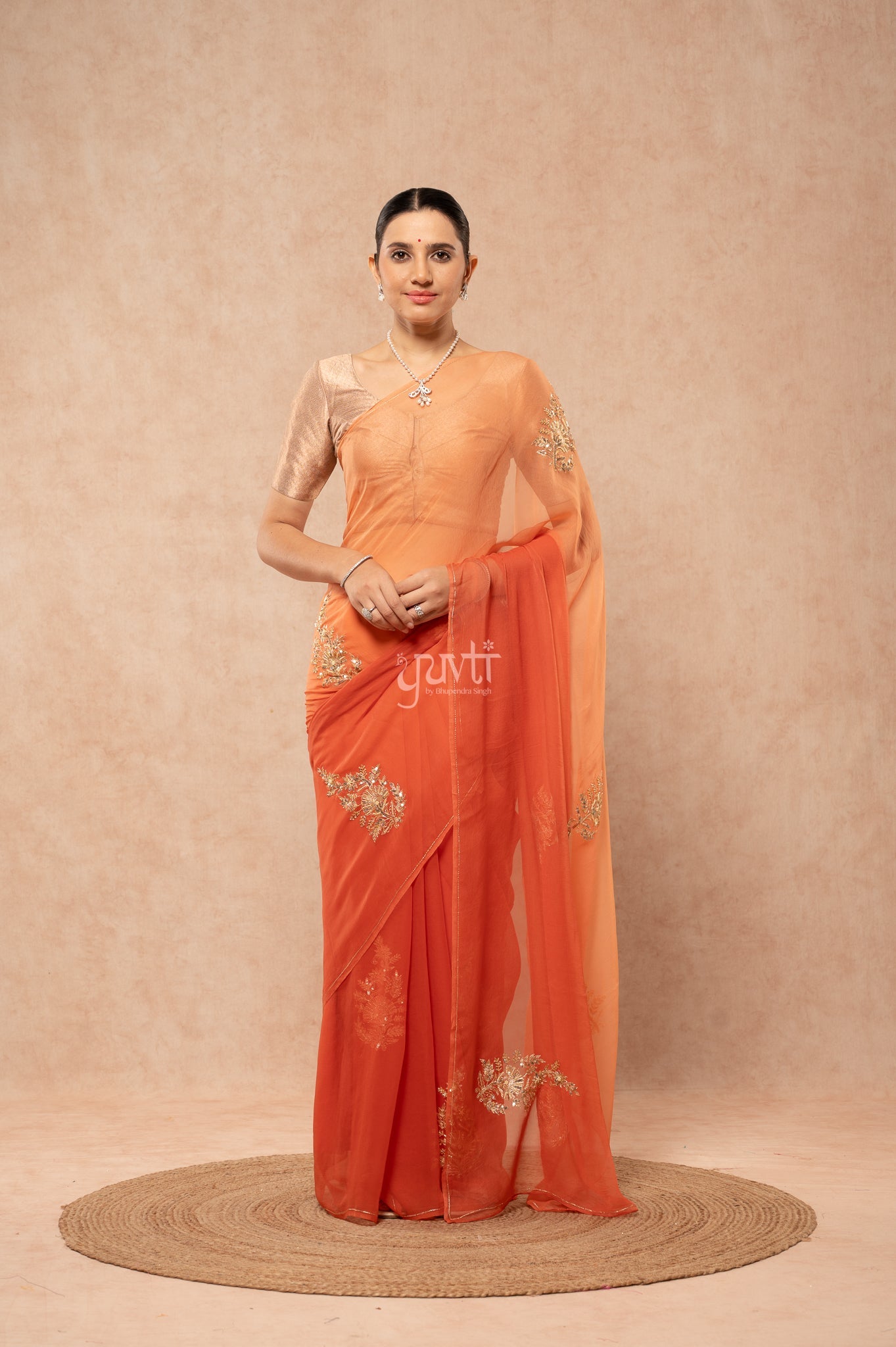 Rust Orange Shaded Viscose Chiffon Aari Sequins Motifs ( Butti ) al over Handwork Saree with Blouse