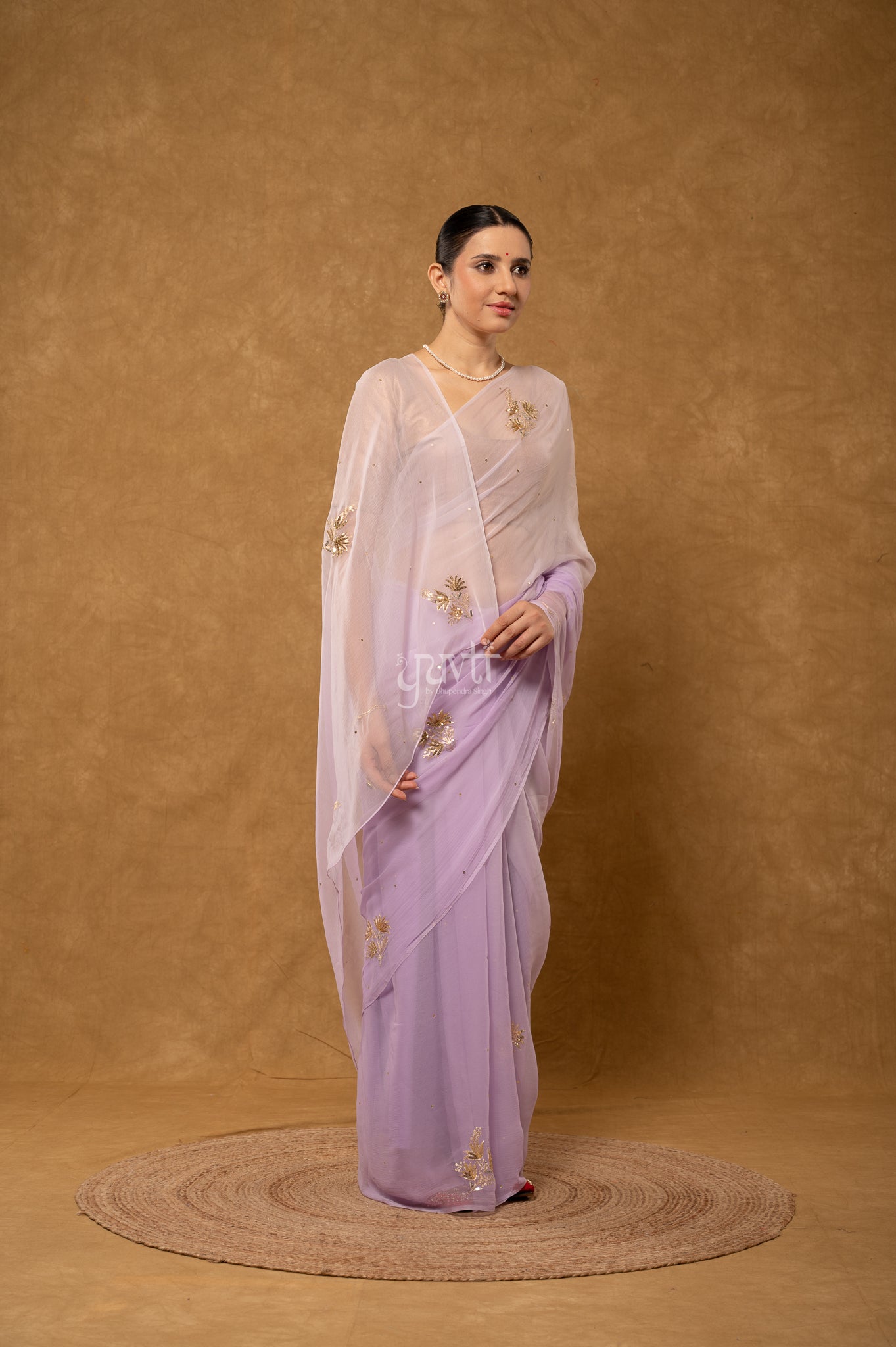Lavender Viscose Chiffon Aari Sequins Motifs ( Butti ) Handwork Saree