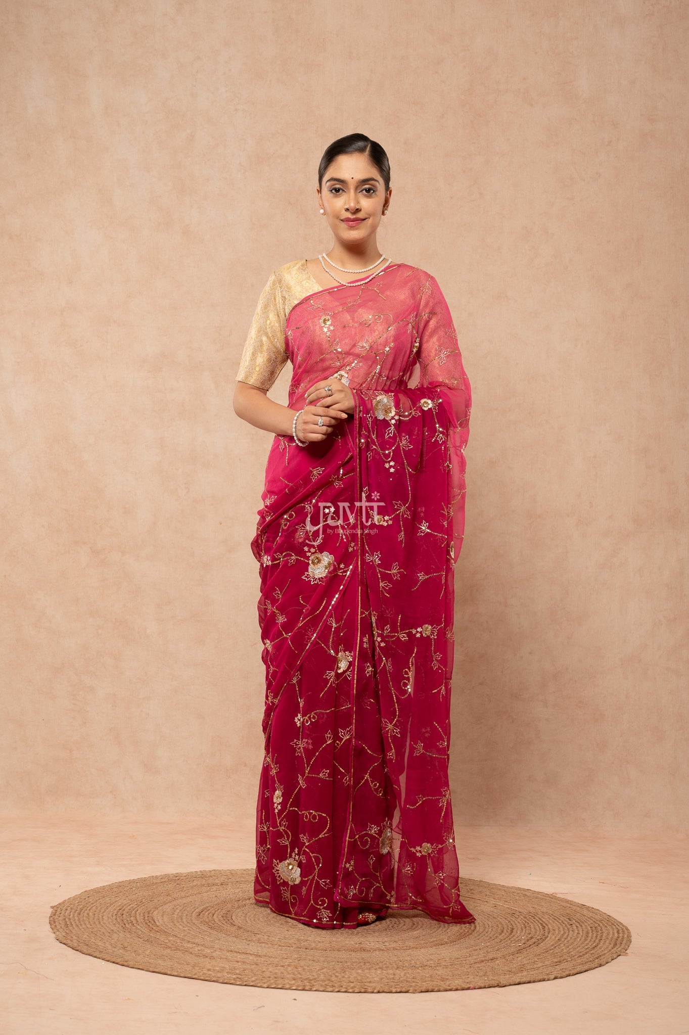 Wine Shaded Viscose Chiffon Aari Sequins Jaal Handwork Saree with Blouse
