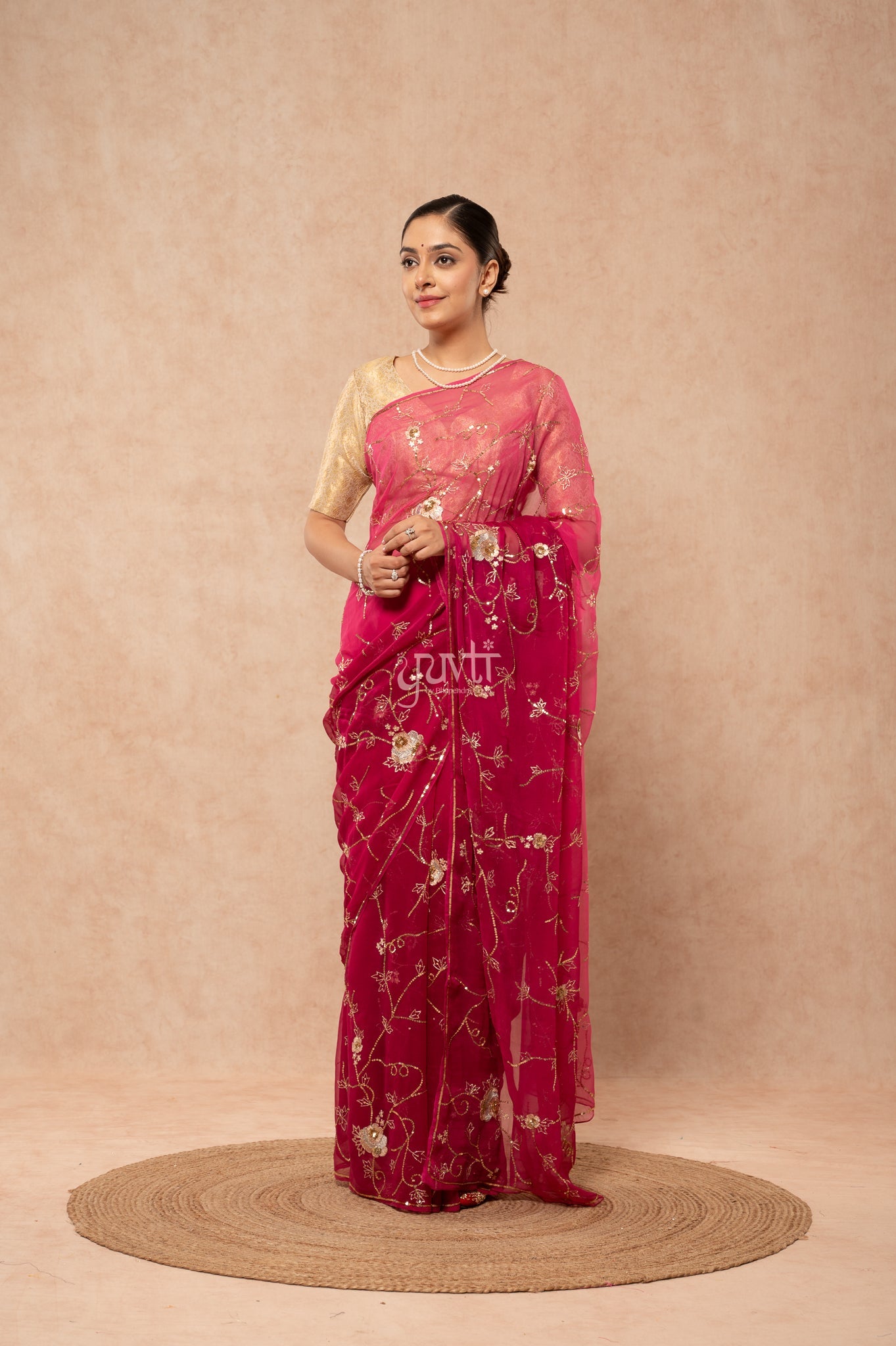 Wine Shaded Viscose Chiffon Aari Sequins Jaal Handwork Saree with Blouse