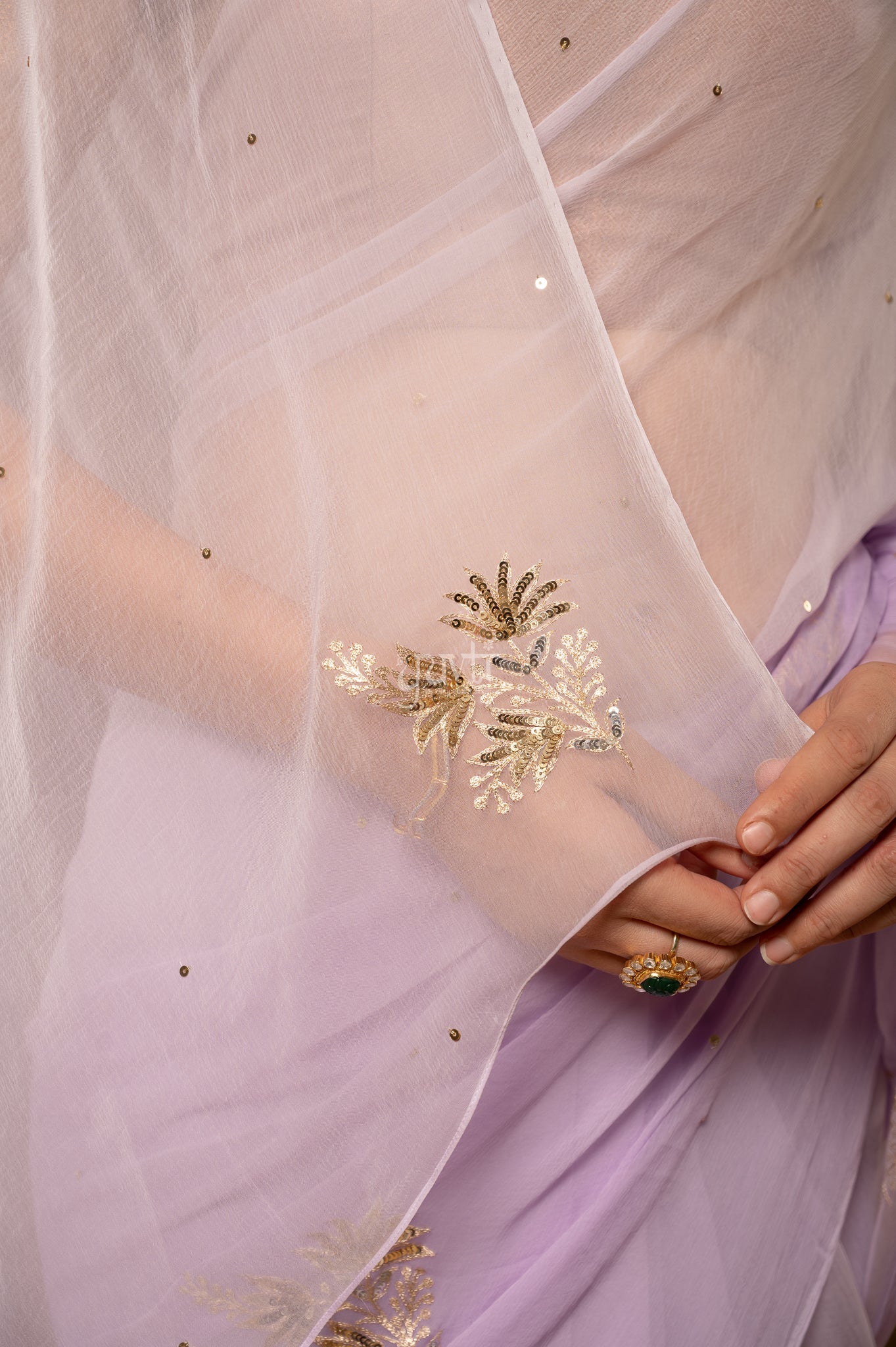 Lavender Viscose Chiffon Aari Sequins Motifs ( Butti ) Handwork Saree