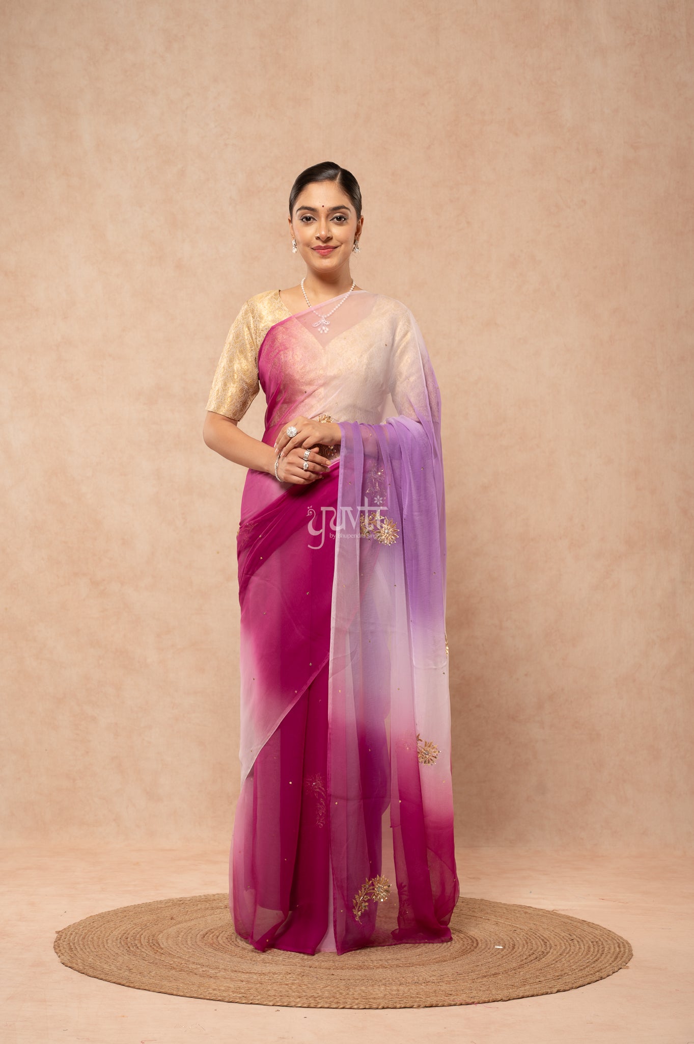 Wine Lavender White Multicolour Viscose Chiffon Aari Sequins Kardana Handwork Saree