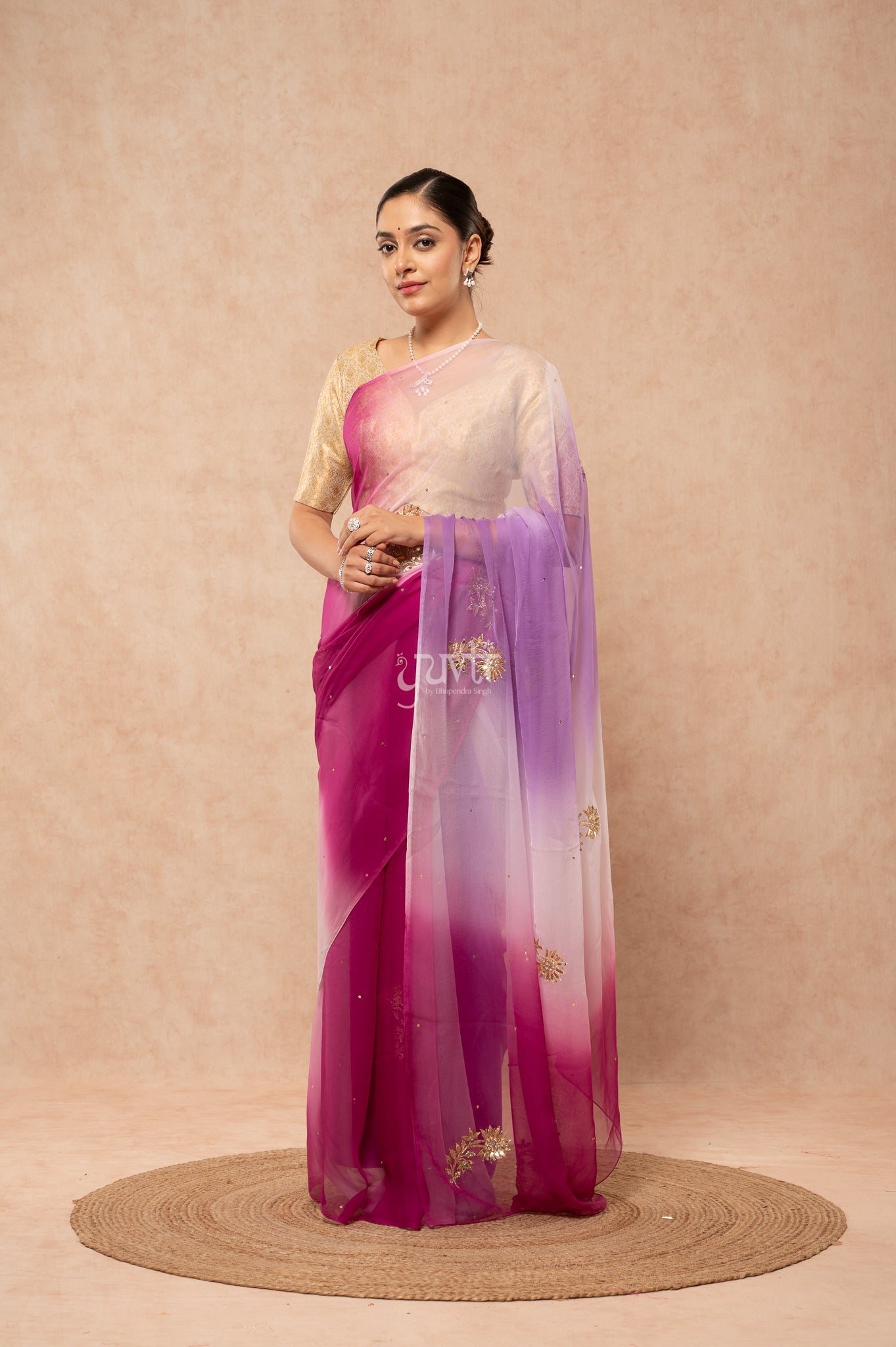 Wine Lavender White Multicolour Viscose Chiffon Aari Sequins Kardana Handwork Saree