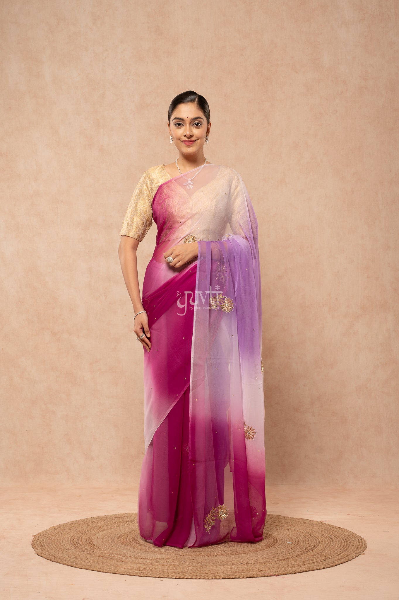 Wine Lavender White Multicolour Viscose Chiffon Aari Sequins Kardana Handwork Saree