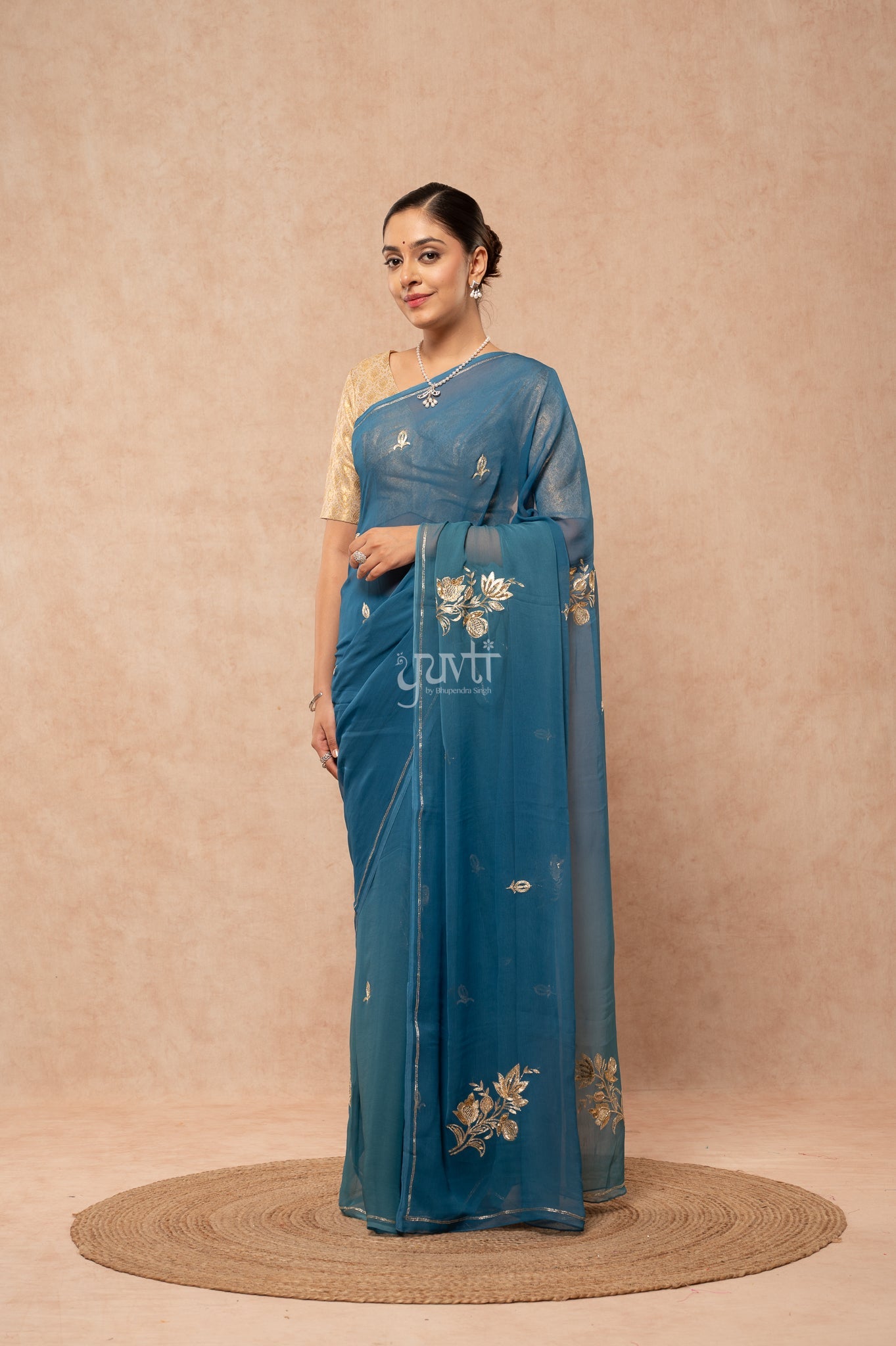 Rama Blue Viscose Chiffon Aari Sequins Cut-work Motif (Butti) all Over Handwork Saree with Blouse