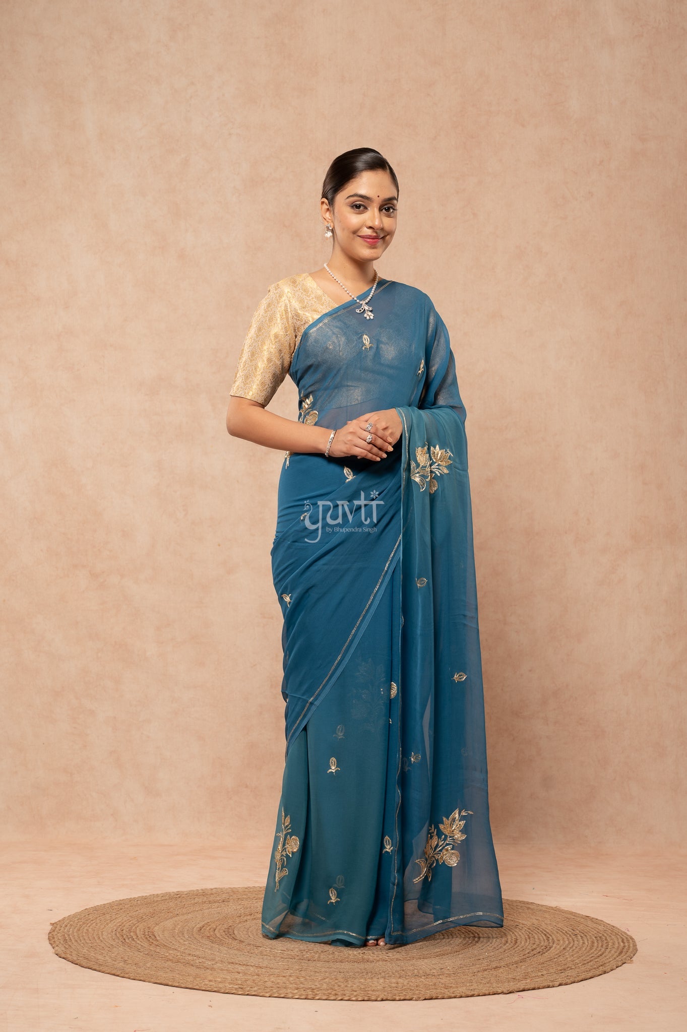 Rama Blue Viscose Chiffon Aari Sequins Cut-work Motif (Butti) all Over Handwork Saree with Blouse