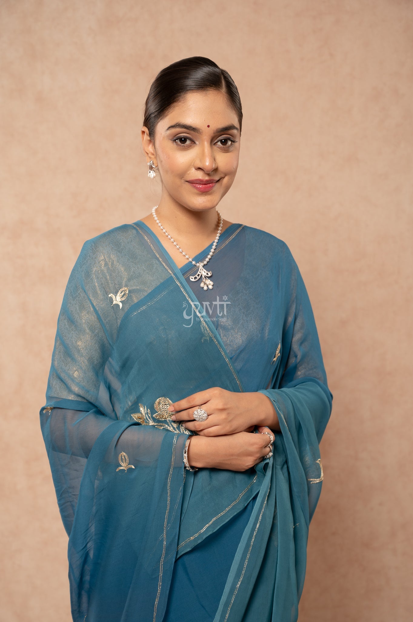 Rama Blue Viscose Chiffon Aari Sequins Cut-work Motif (Butti) all Over Handwork Saree with Blouse