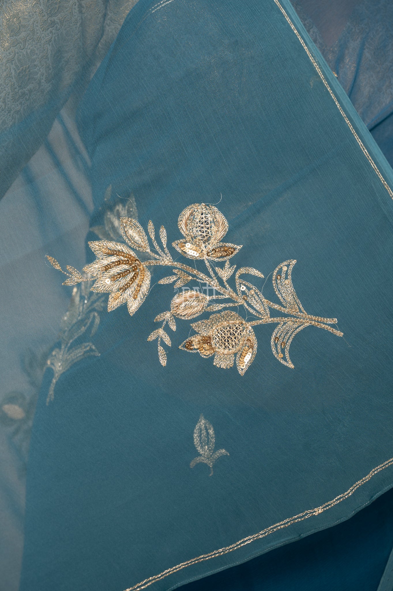 Rama Blue Viscose Chiffon Aari Sequins Cut-work Motif (Butti) all Over Handwork Saree with Blouse