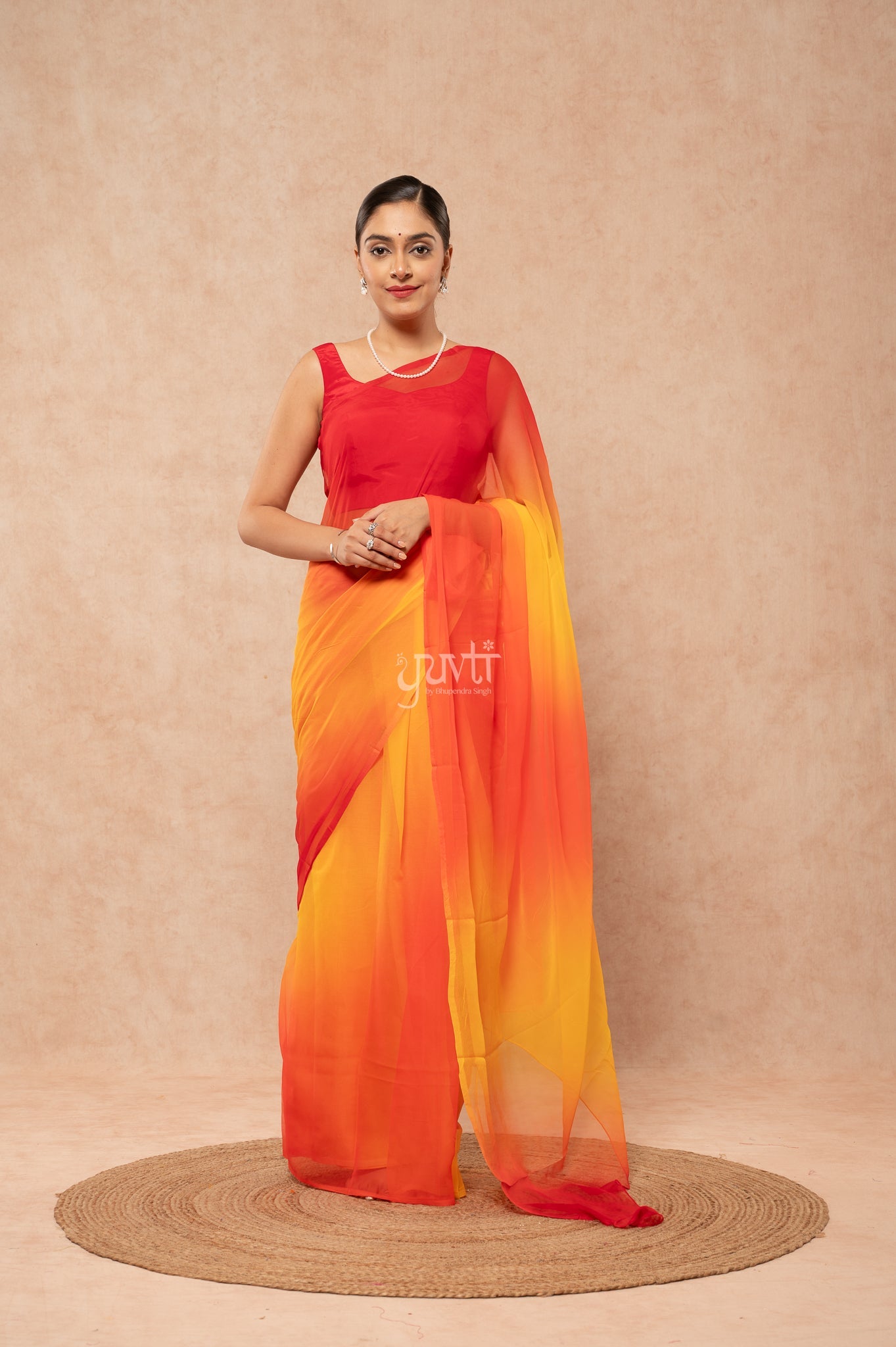 Red Orange Yellow Pure Georgette Multicolour Hand-Dye Saree with Blouse