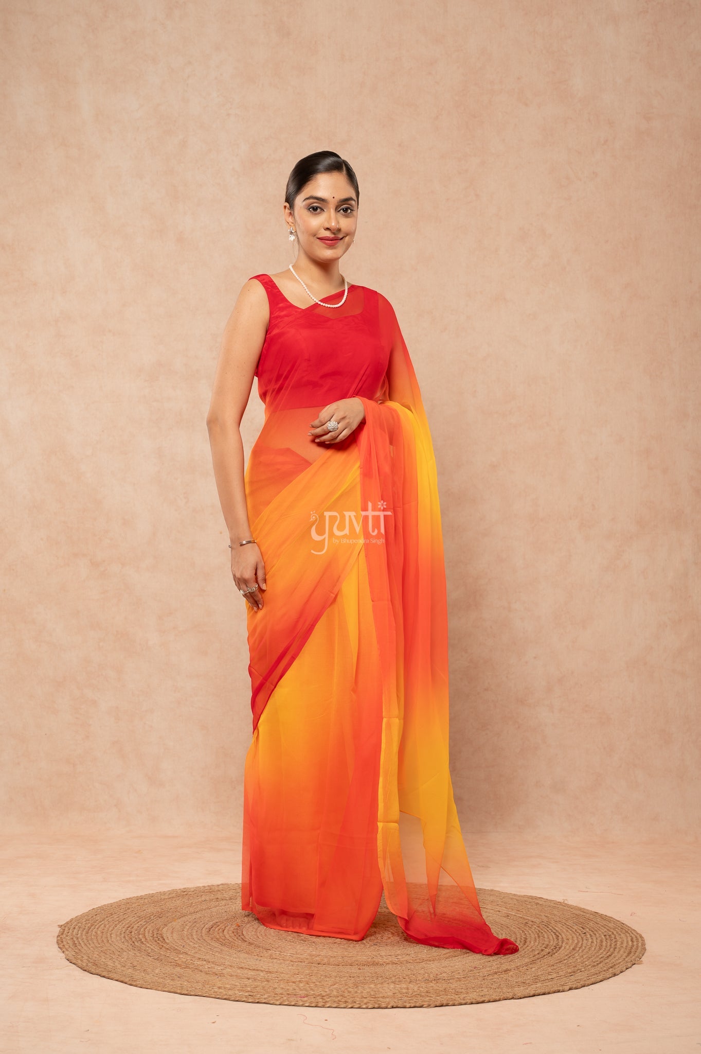 Red Orange Yellow Pure Georgette Multicolour Hand-Dye Saree with Blouse