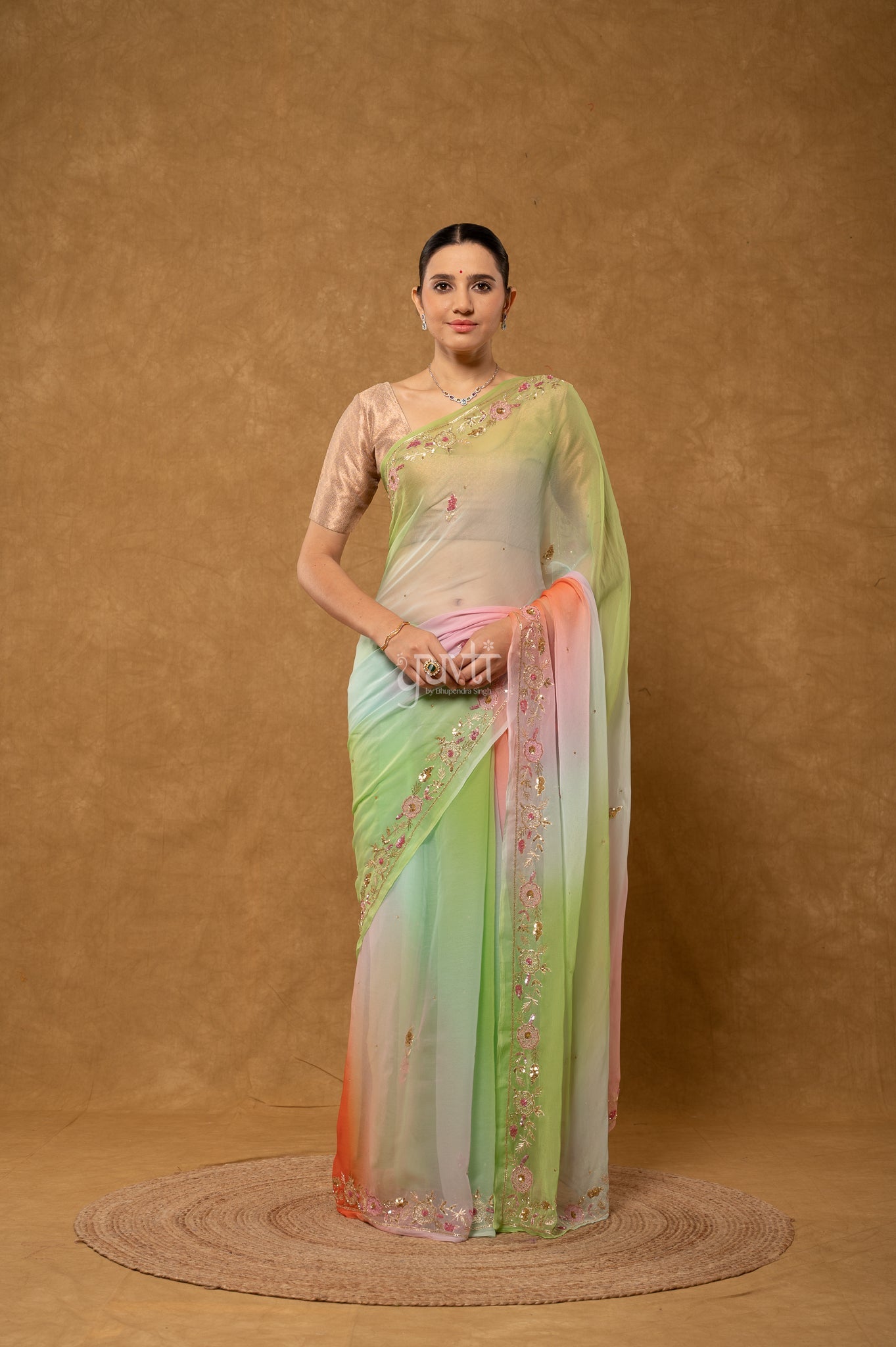 Orange Green Sea Green Shaded Viscose Chiffon Aari Sequins Kardana Border Butti handwork Saree
