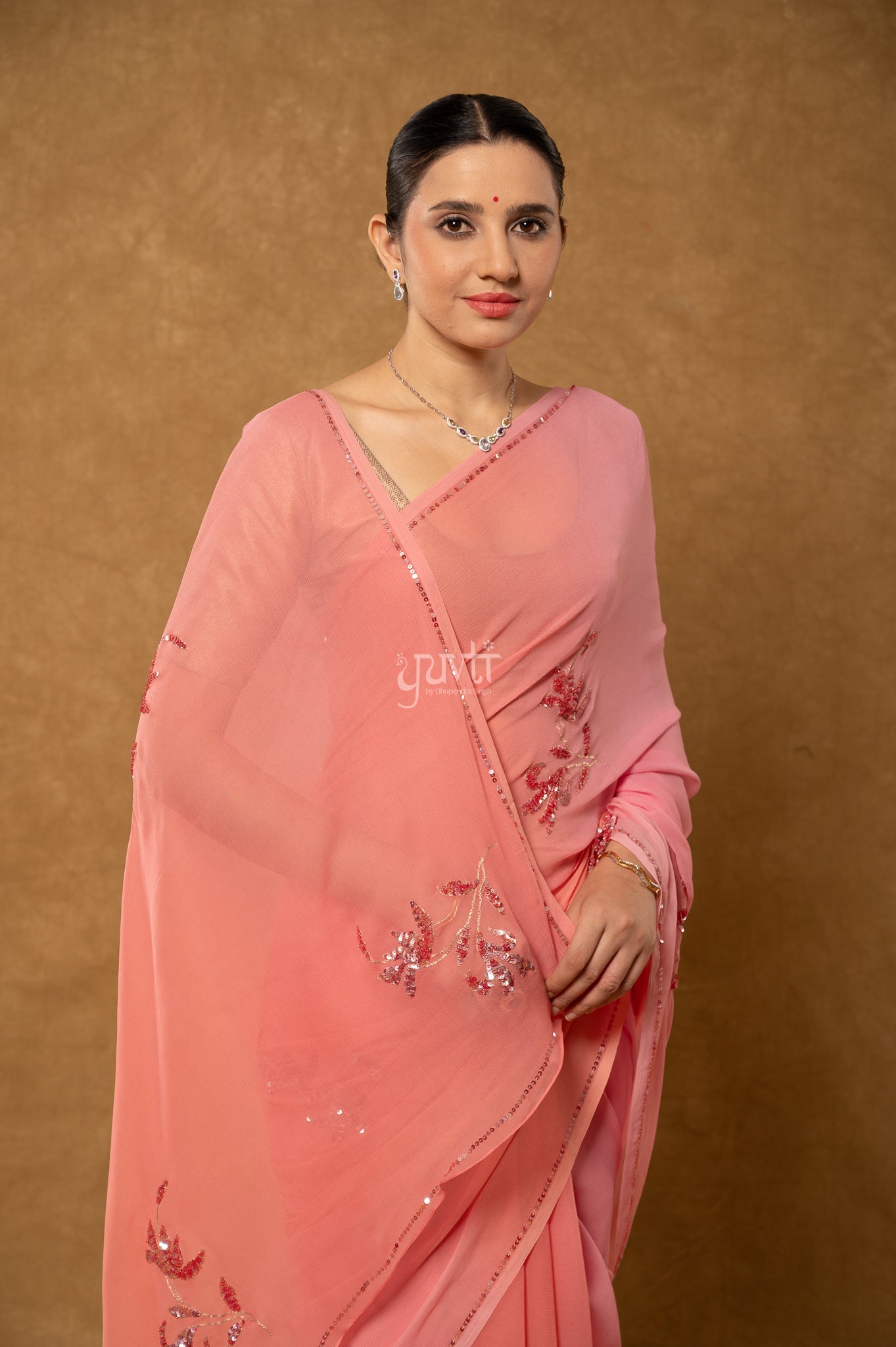 Pink Peach Shaded Pure Chiffon Aari Sequins Motifs ( Butti ) Handwork Party Saree