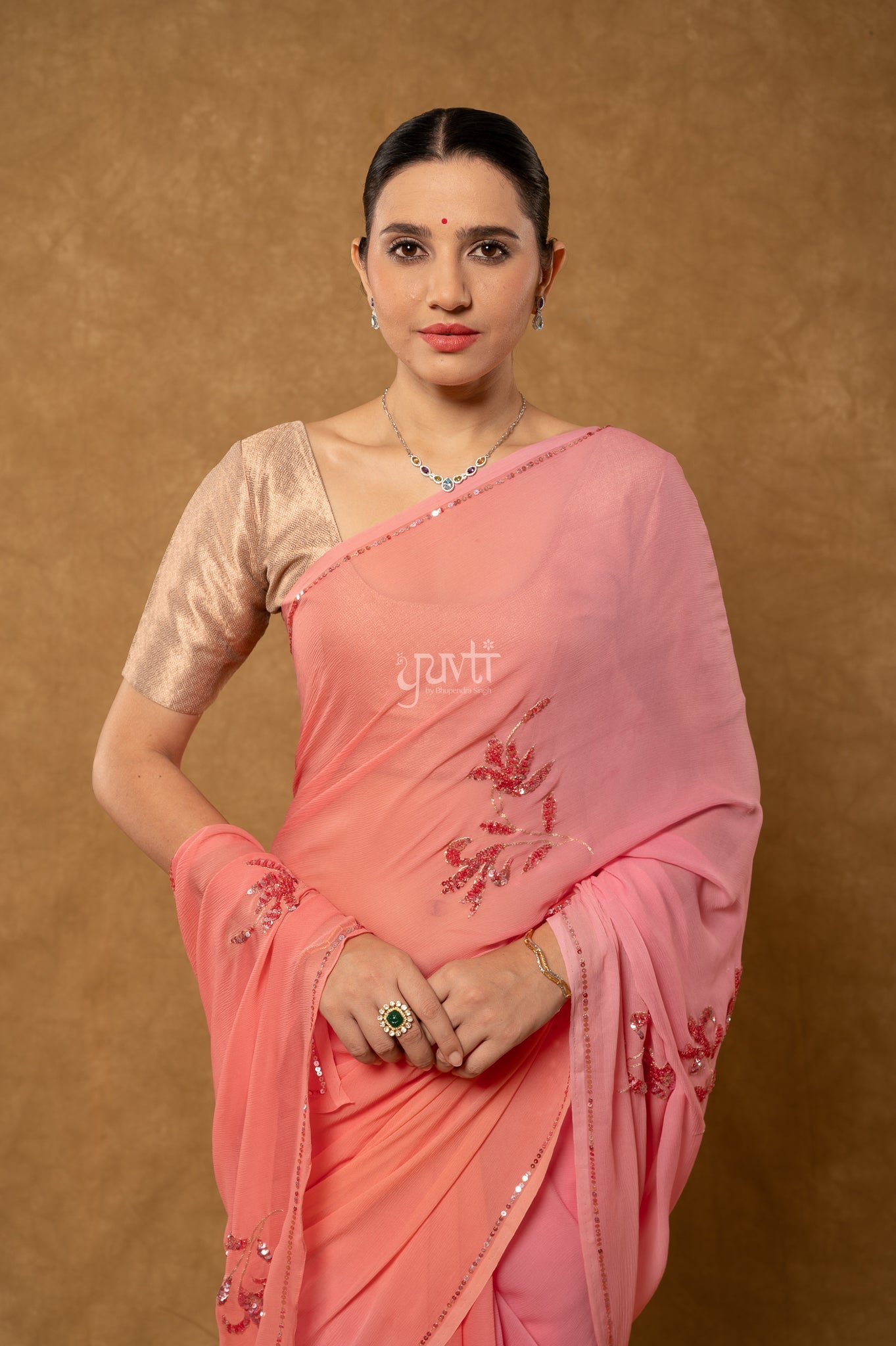 Pink Peach Shaded Pure Chiffon Aari Sequins Motifs ( Butti ) Handwork Party Saree