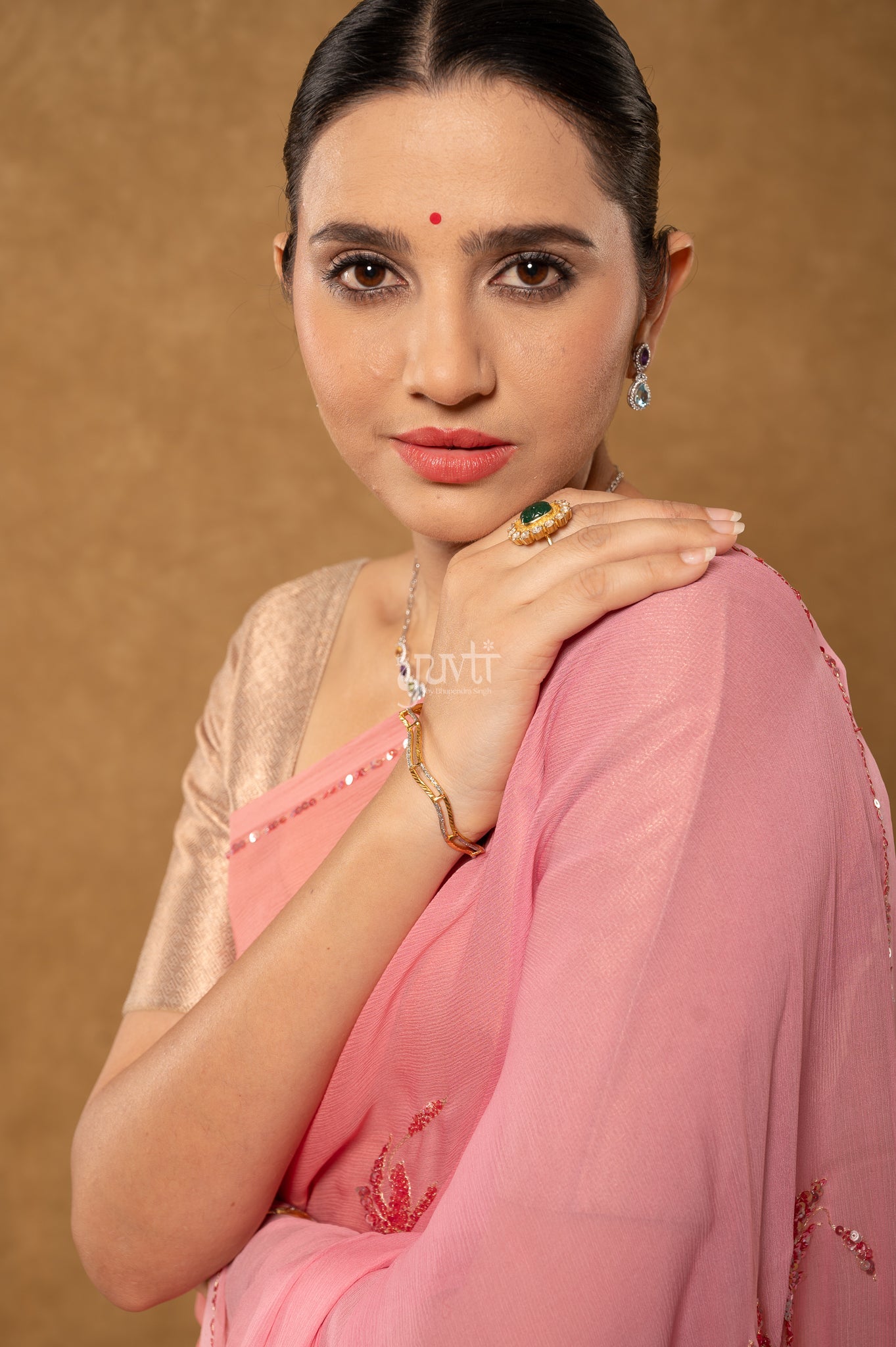 Pink Peach Shaded Pure Chiffon Aari Sequins Motifs ( Butti ) Handwork Party Saree