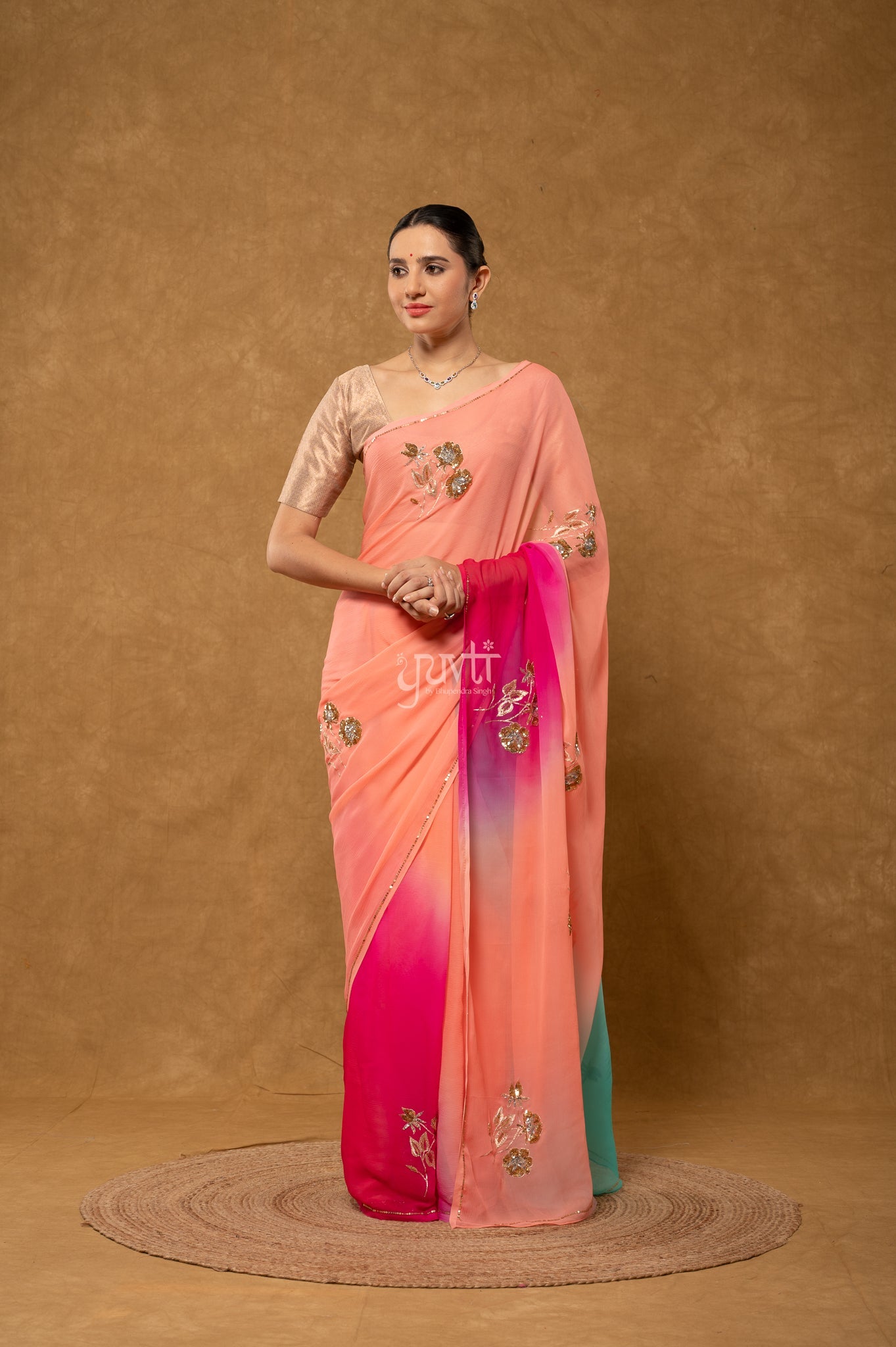 Rani Peach Sky Blue Shaded Pure Chiffon Aari Sequins Motifs ( Butti ) Handwork Party Saree