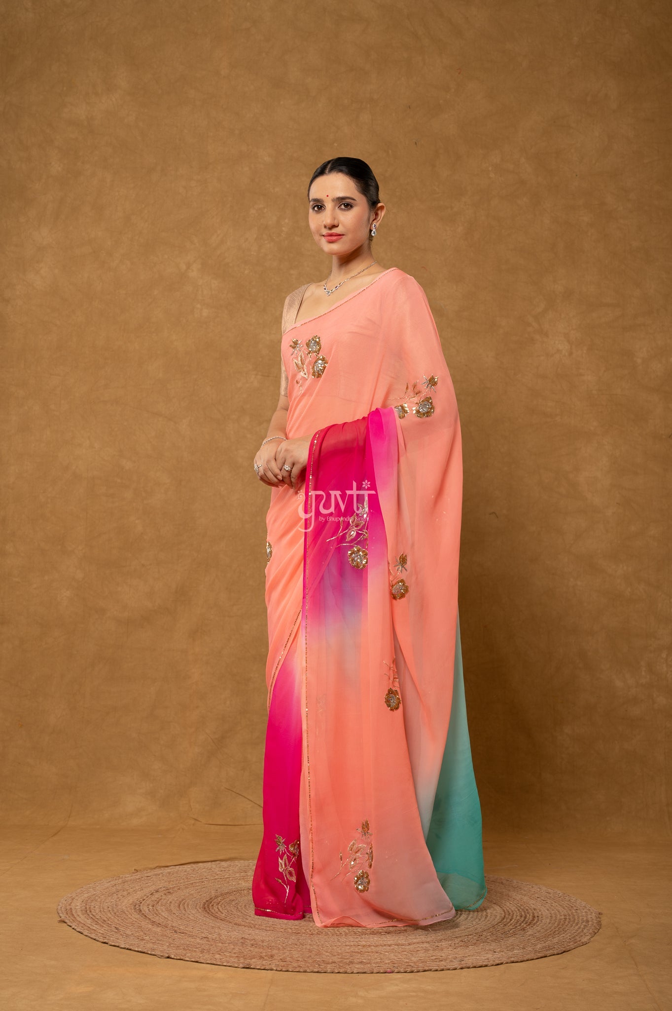 Rani Peach Sky Blue Shaded Pure Chiffon Aari Sequins Motifs ( Butti ) Handwork Party Saree