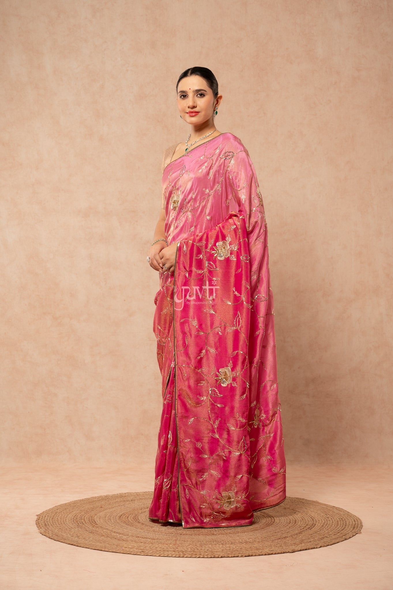 Rani Shaded Viscose Tissue Aari Sequins Jaal Handwork Party Saree