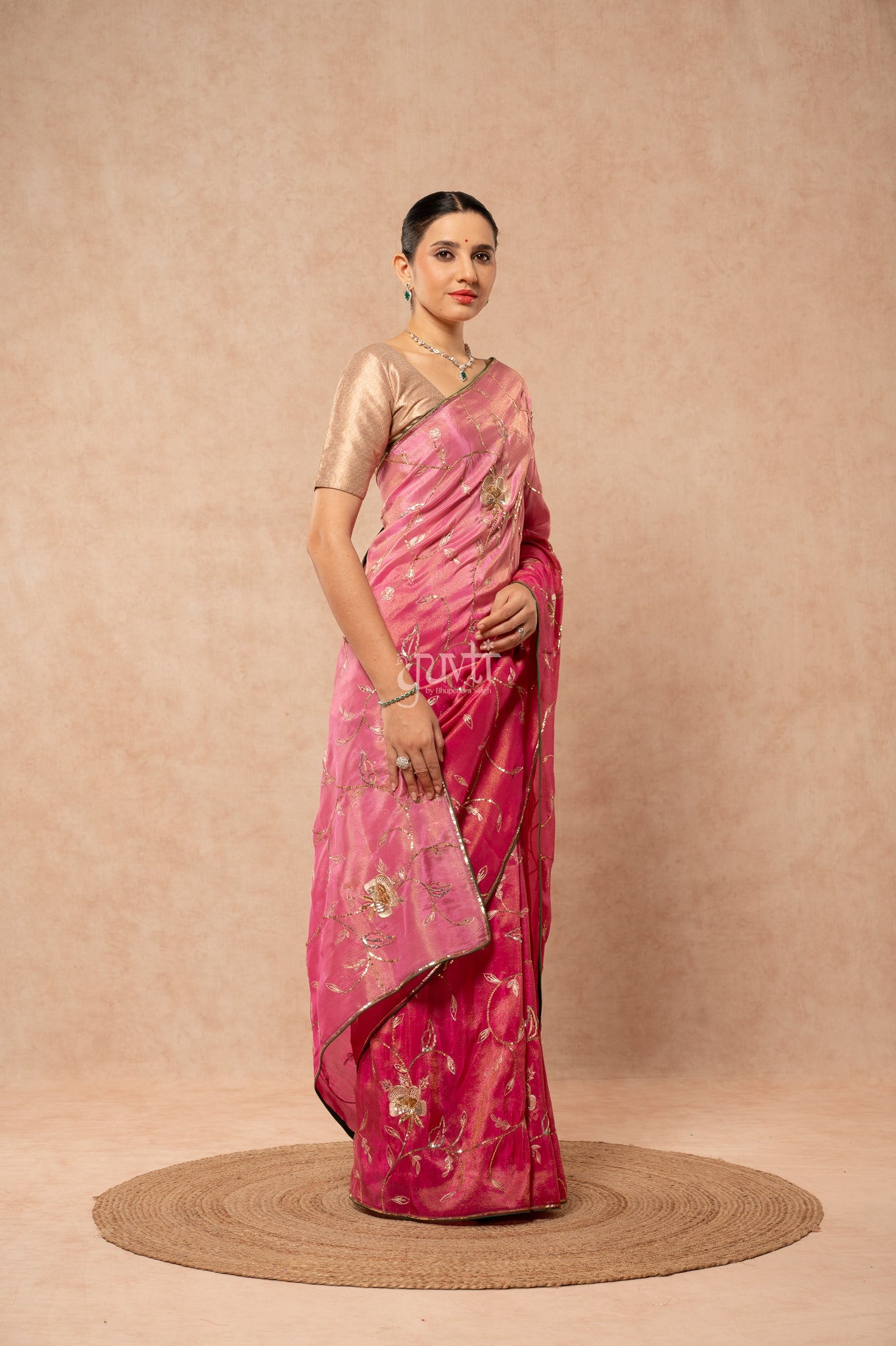 Rani Shaded Viscose Tissue Aari Sequins Jaal Handwork Party Saree