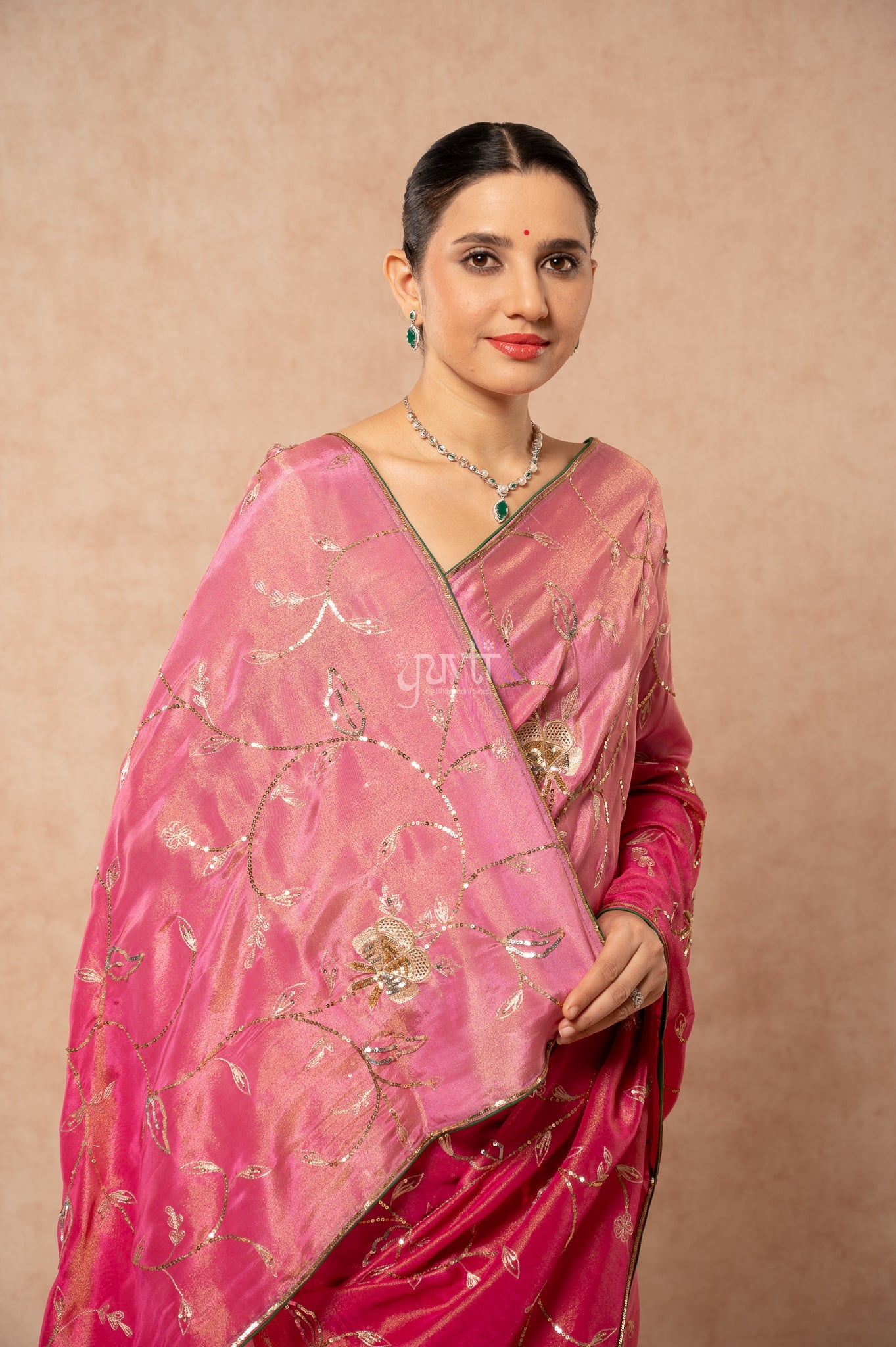 Rani Shaded Viscose Tissue Aari Sequins Jaal Handwork Party Saree