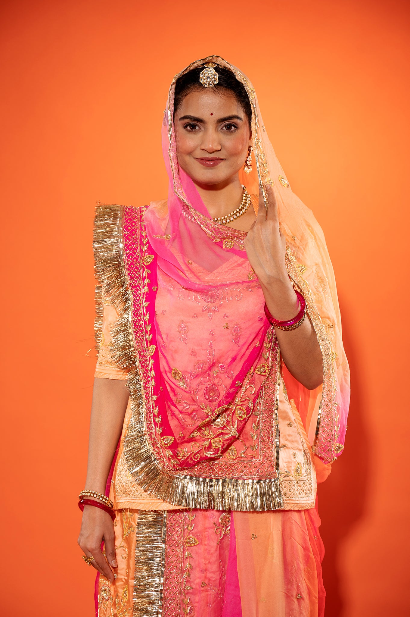 Peach Bamber Satin zardozi handwork rajputi Poshak with pure odhna