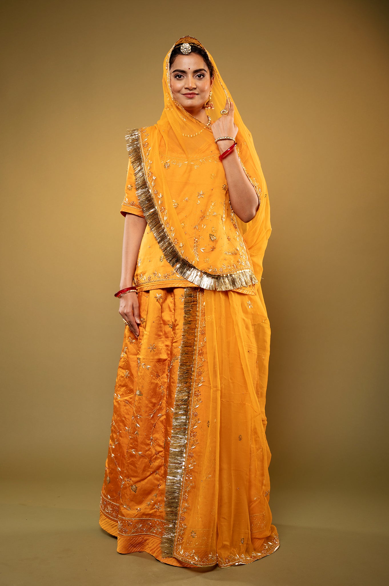 yellow bamber satin zardozi handwork rajputi Poshak with Pure odhna