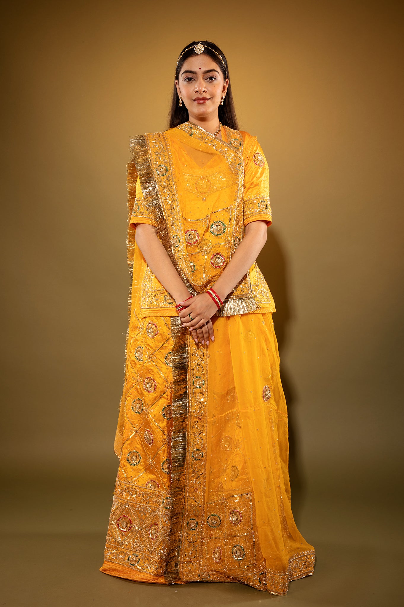 yellow Pure Silk Satin zardozi handwork rajputi Poshak with Pure odhna