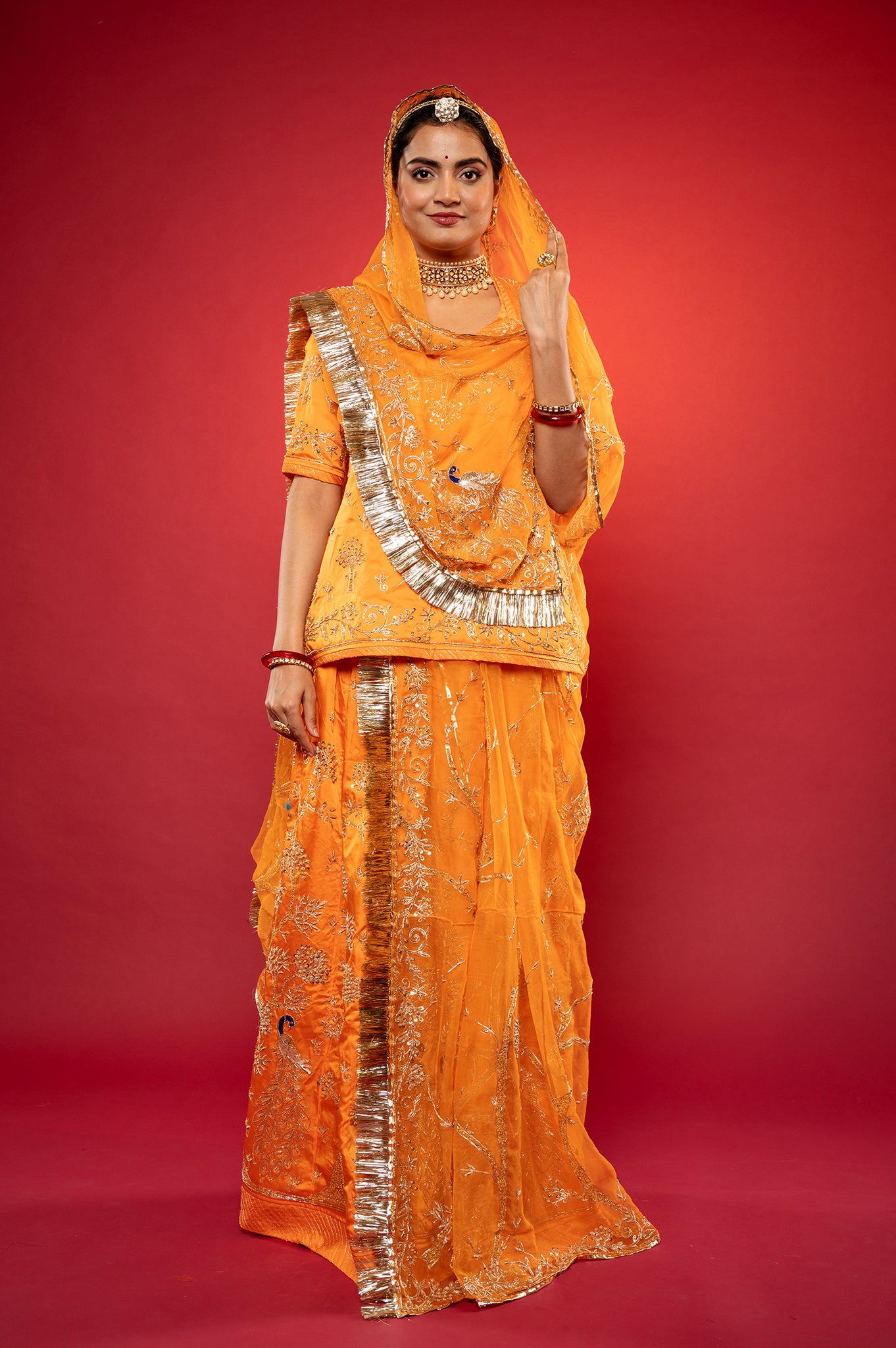 kesariya yellow bamber satin zardozi handwork rajputi Poshak with Pure odhna