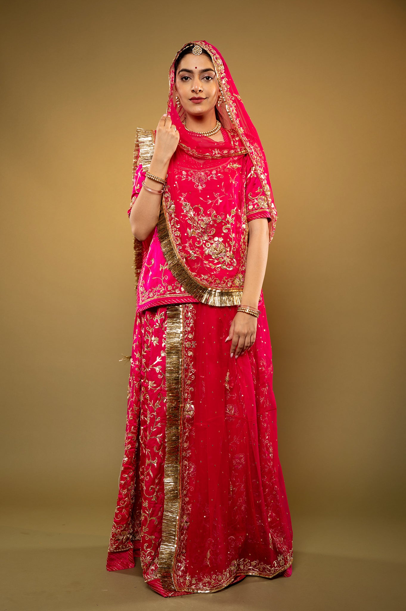 Red Magenta Bamber Satin zardozi handwork rajputi Poshak with Pure odhna