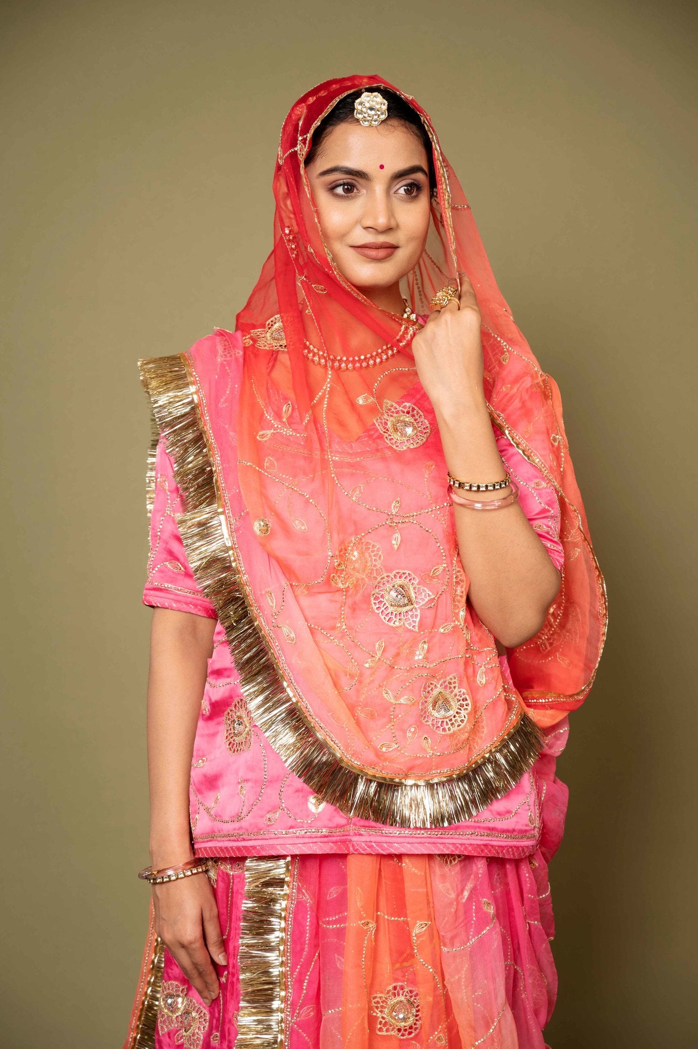 pink bamber satin aari katori cut work handwork rajputi Poshak with pure odhna