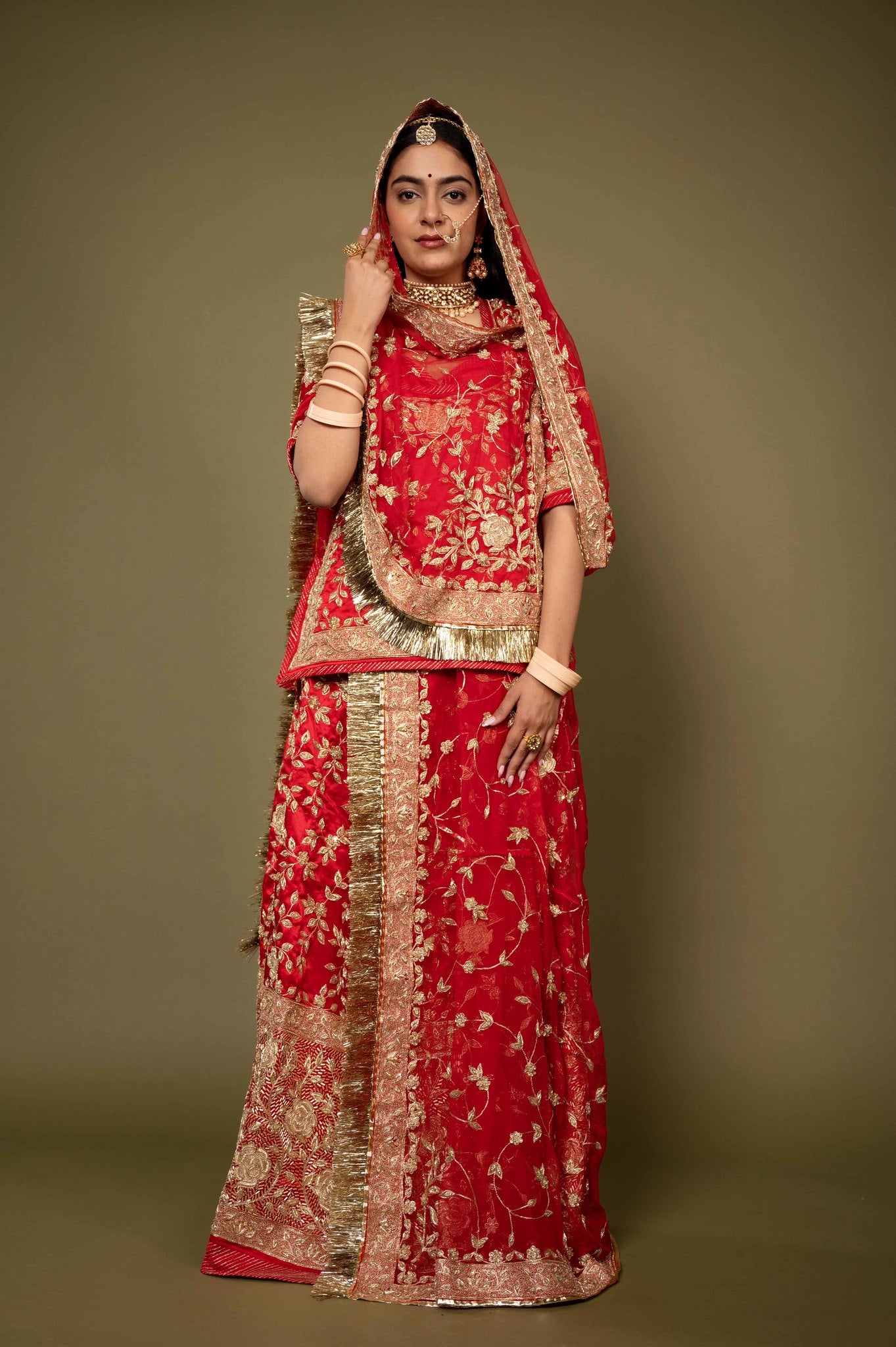 red pure satin zardozi handwork rajputi Poshak with pure odhna