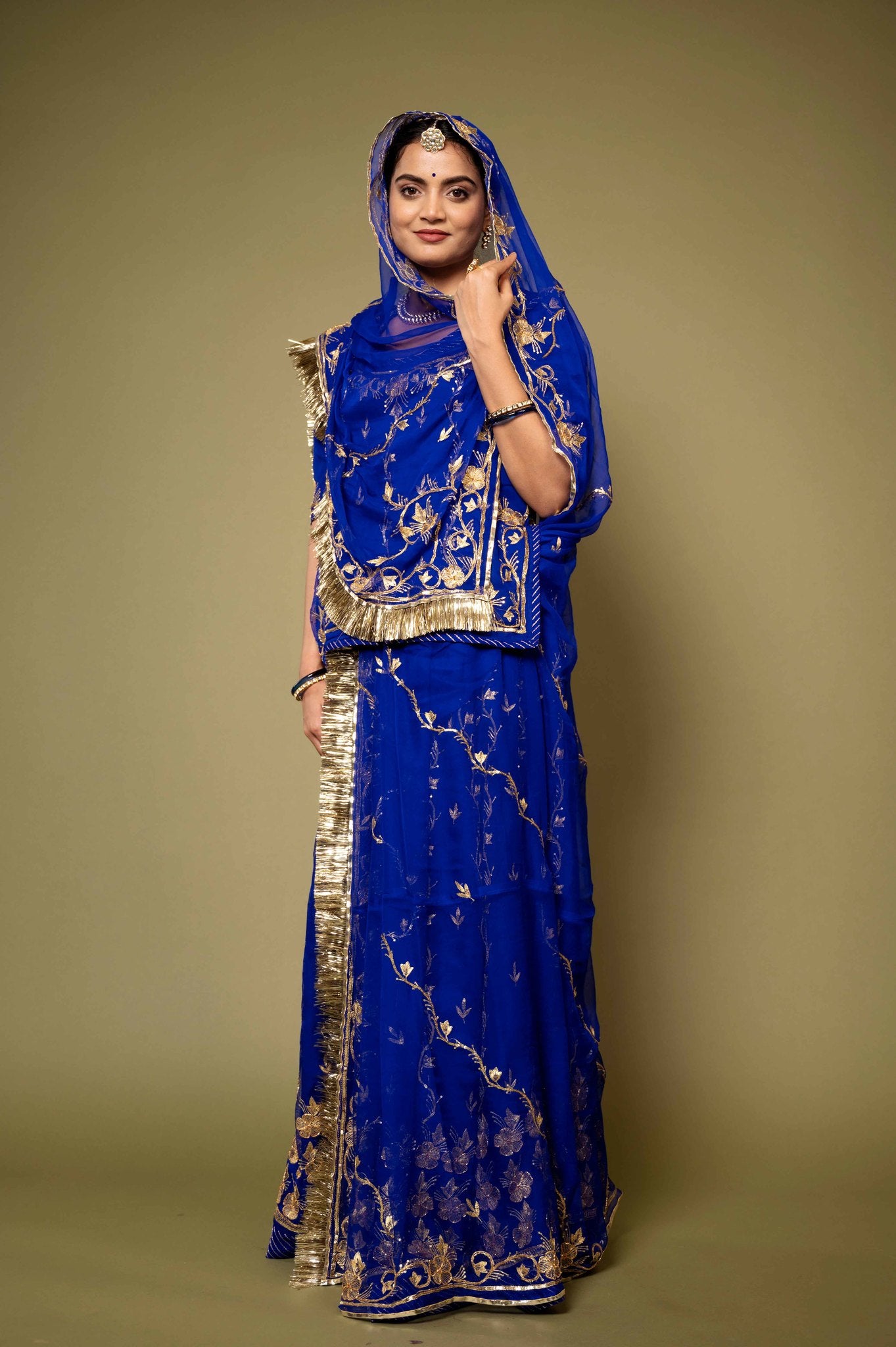 Royal Blue bamber satin aari zardozi handwork rajputi Poshak with pure odhna