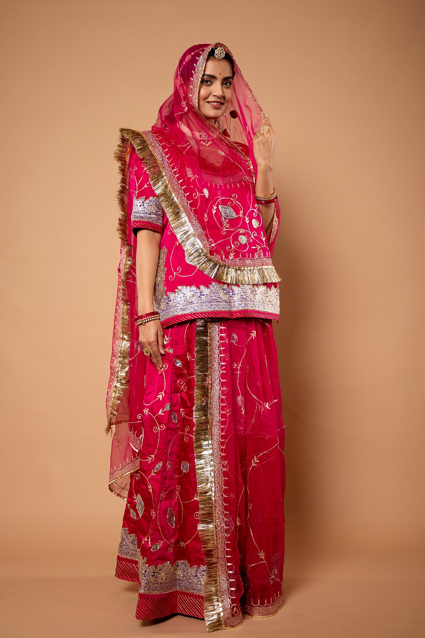 poppy pink bamber satin chanderi handwork rajputi Poshak with pure odhna