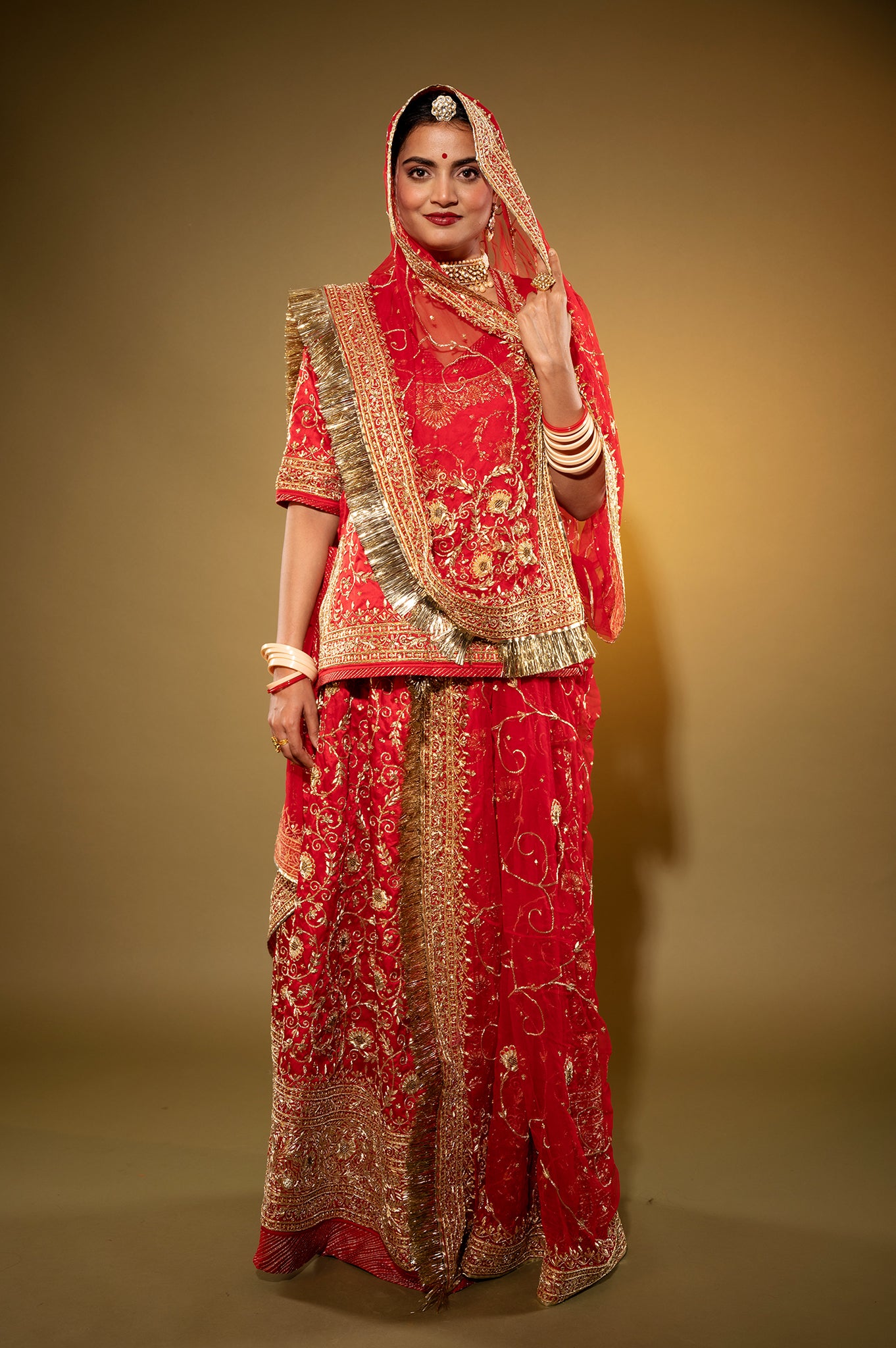 red Pure Silk Satin zardozi handwork rajputi Poshak with Pure odhna
