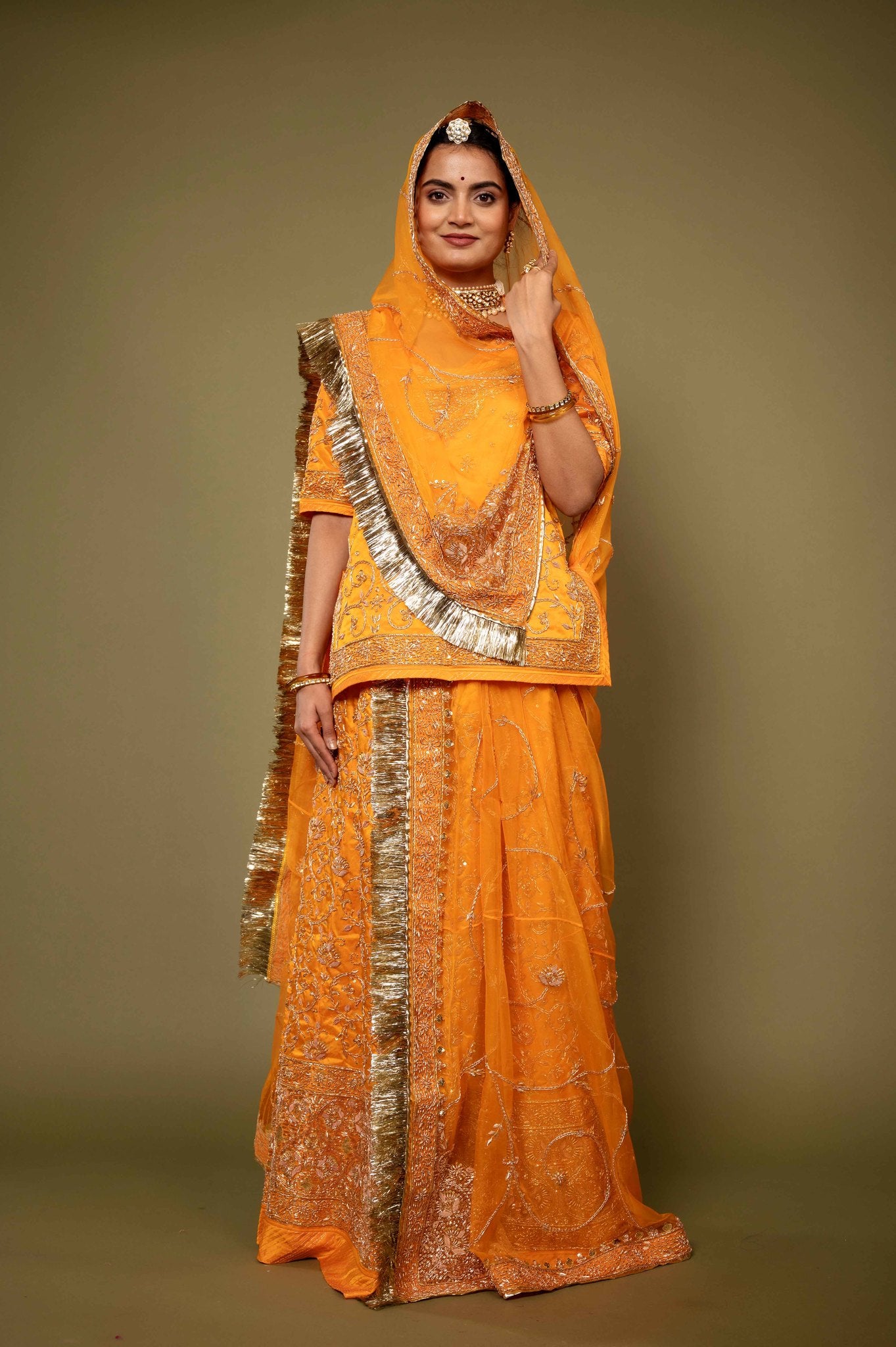 kesariya yellow pure satin zardozi handwork rajputi Poshak with pure odhna