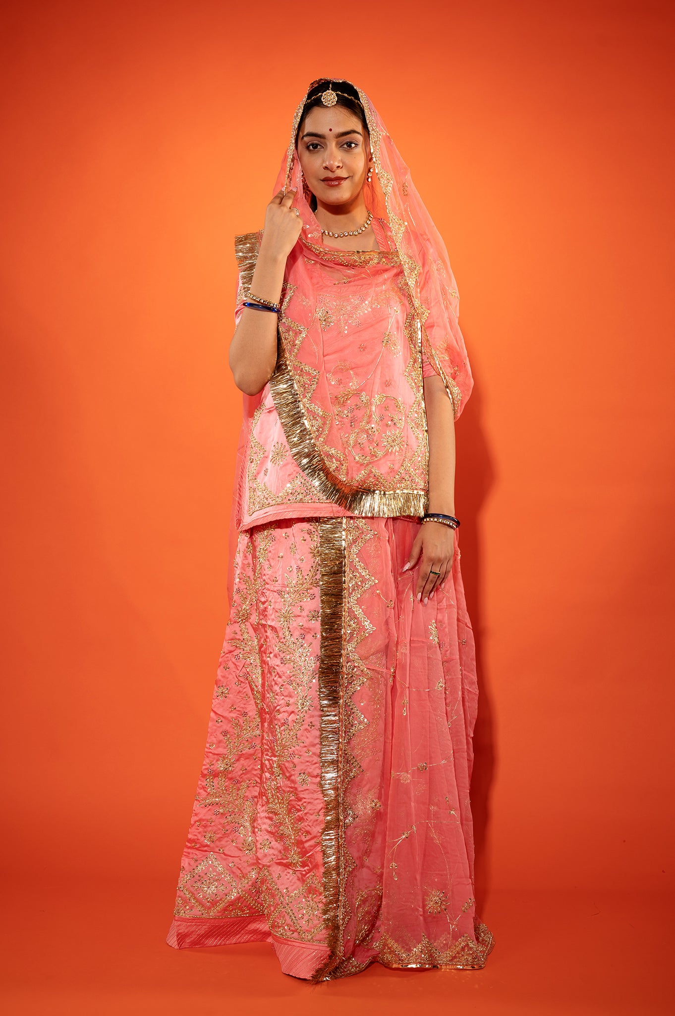 Salmon bamber satin zardozi handwork rajputi Poshak with Pure odhna