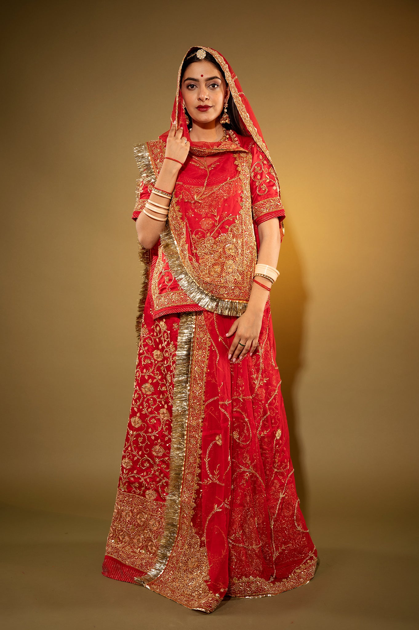 red Pure Silk Satin zardozi handwork rajputi Poshak with Pure odhna