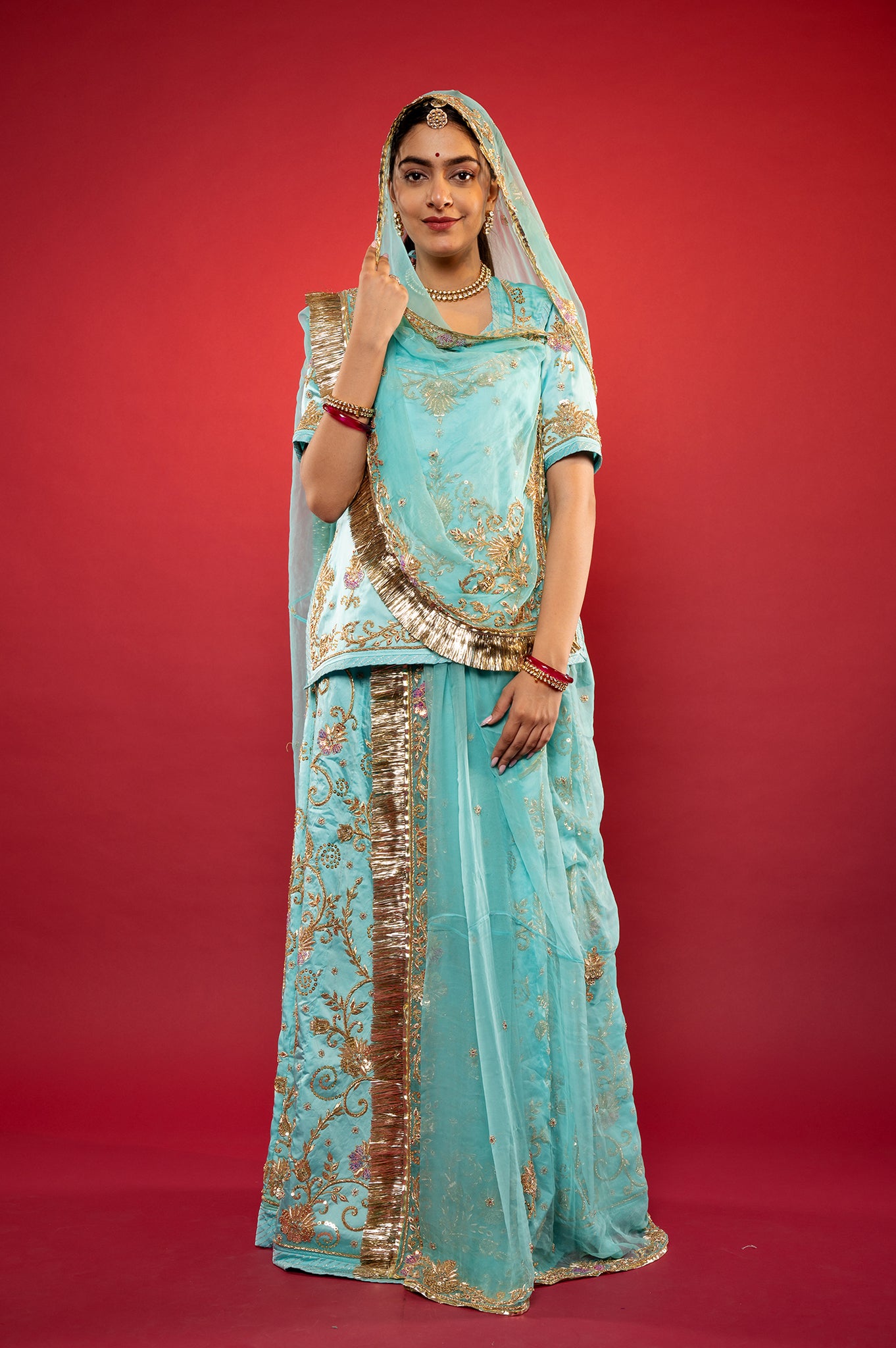 Sky blue bamber satin zadozi handwork rajputi Poshak with Pure odhna