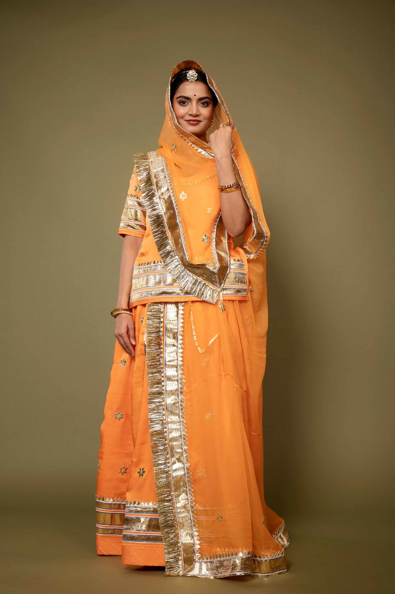 orange bamber satin gotta patti laffa handwork rajputi Poshak with pure odhna
