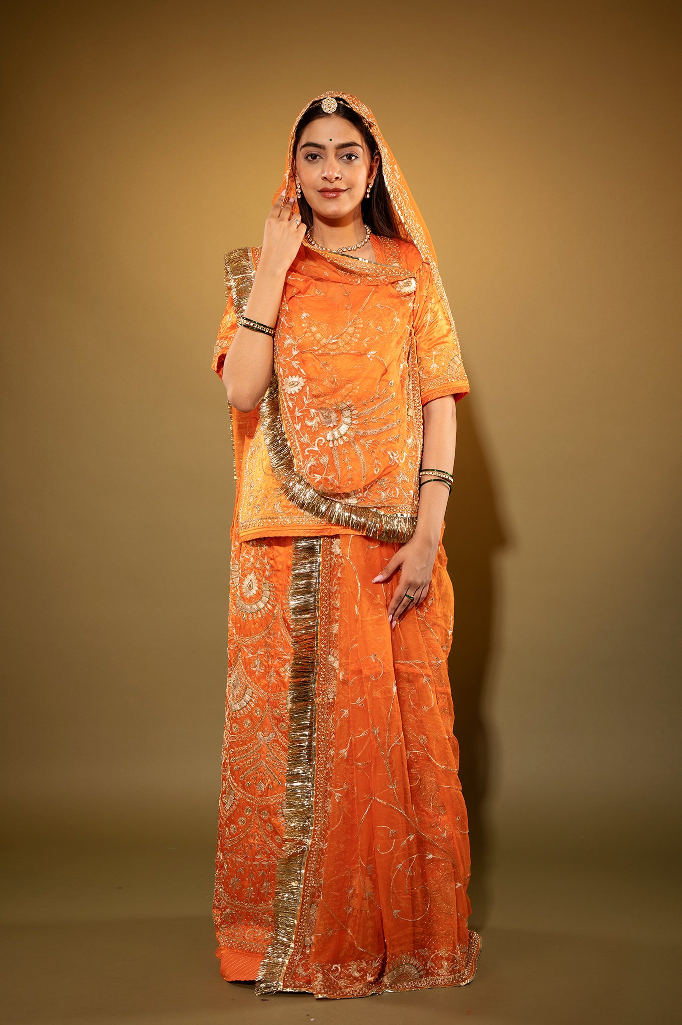 orange Pure Silk Satin zardozi handwork rajputi Poshak with Pure odhna