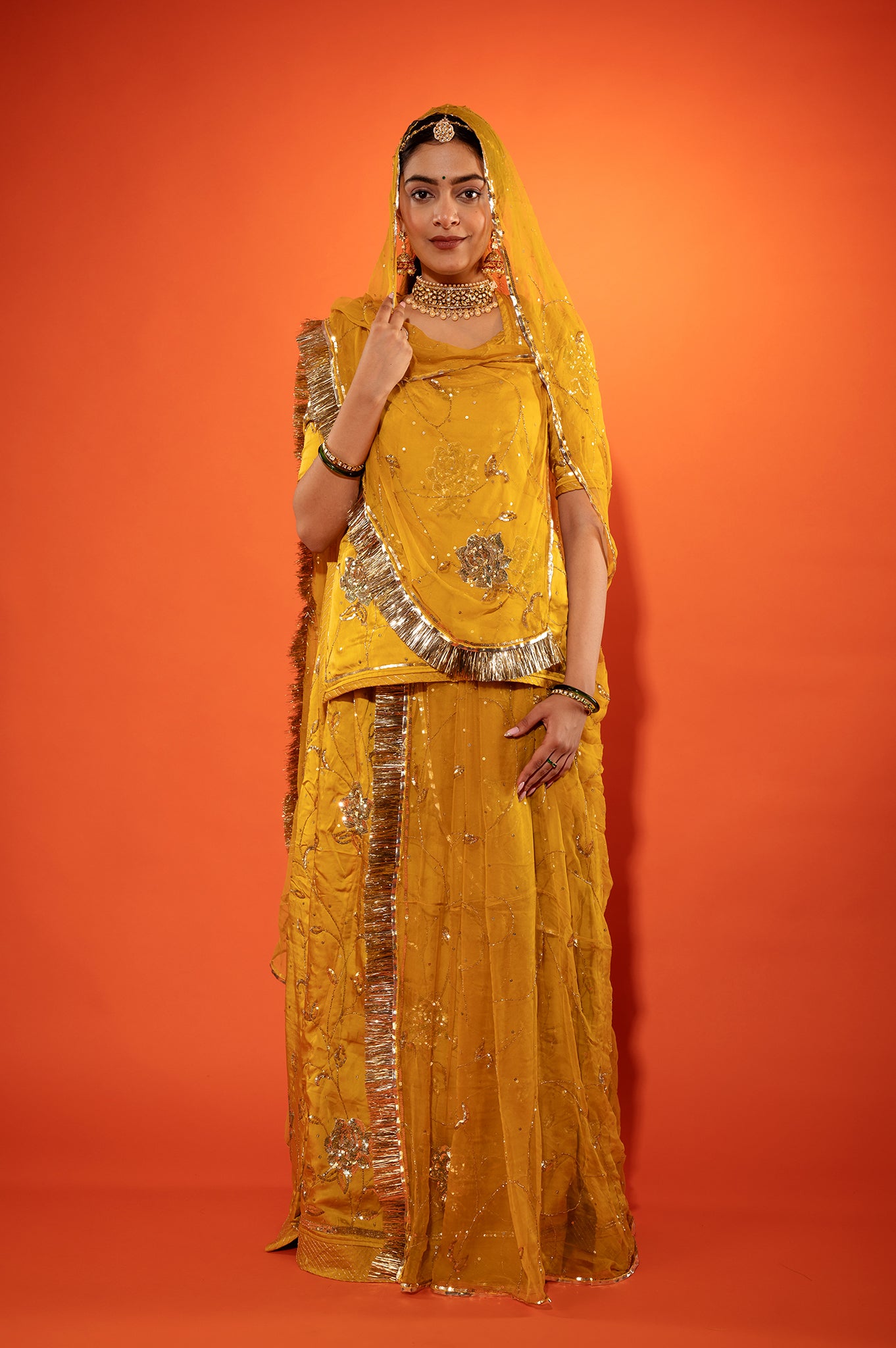 Metallic gold bamber satin sequins handwork rajputi Poshak with pure odhna