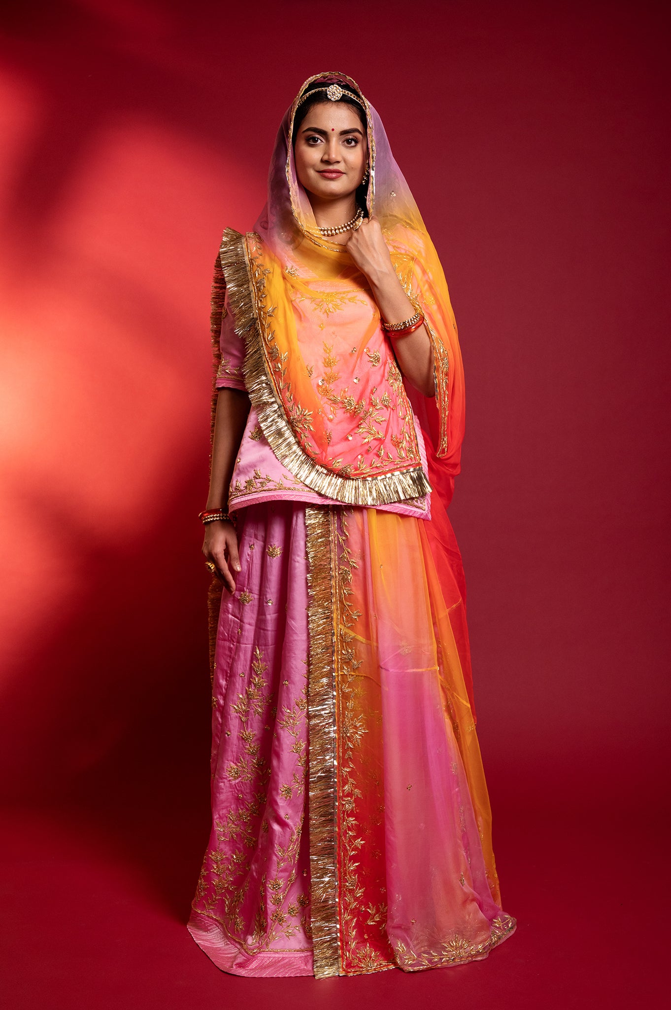 Pink bamber satin zardozi handwork rajputi Poshak with Pure odhna