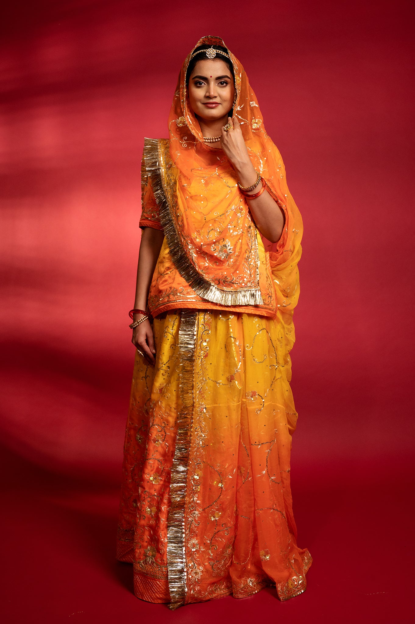 orange yellow Pure Silk Satin Aari sequins handwork rajputi Poshak with Pure odhna