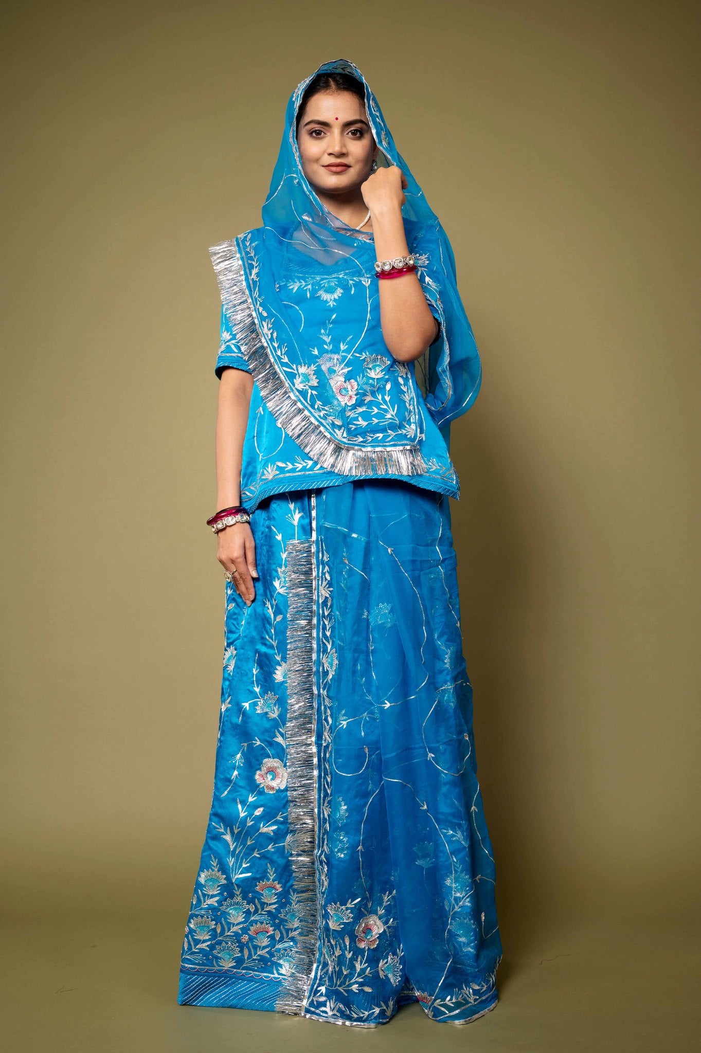 Blue bamber satin aari sequins handwork rajputi Poshak with pure odhna