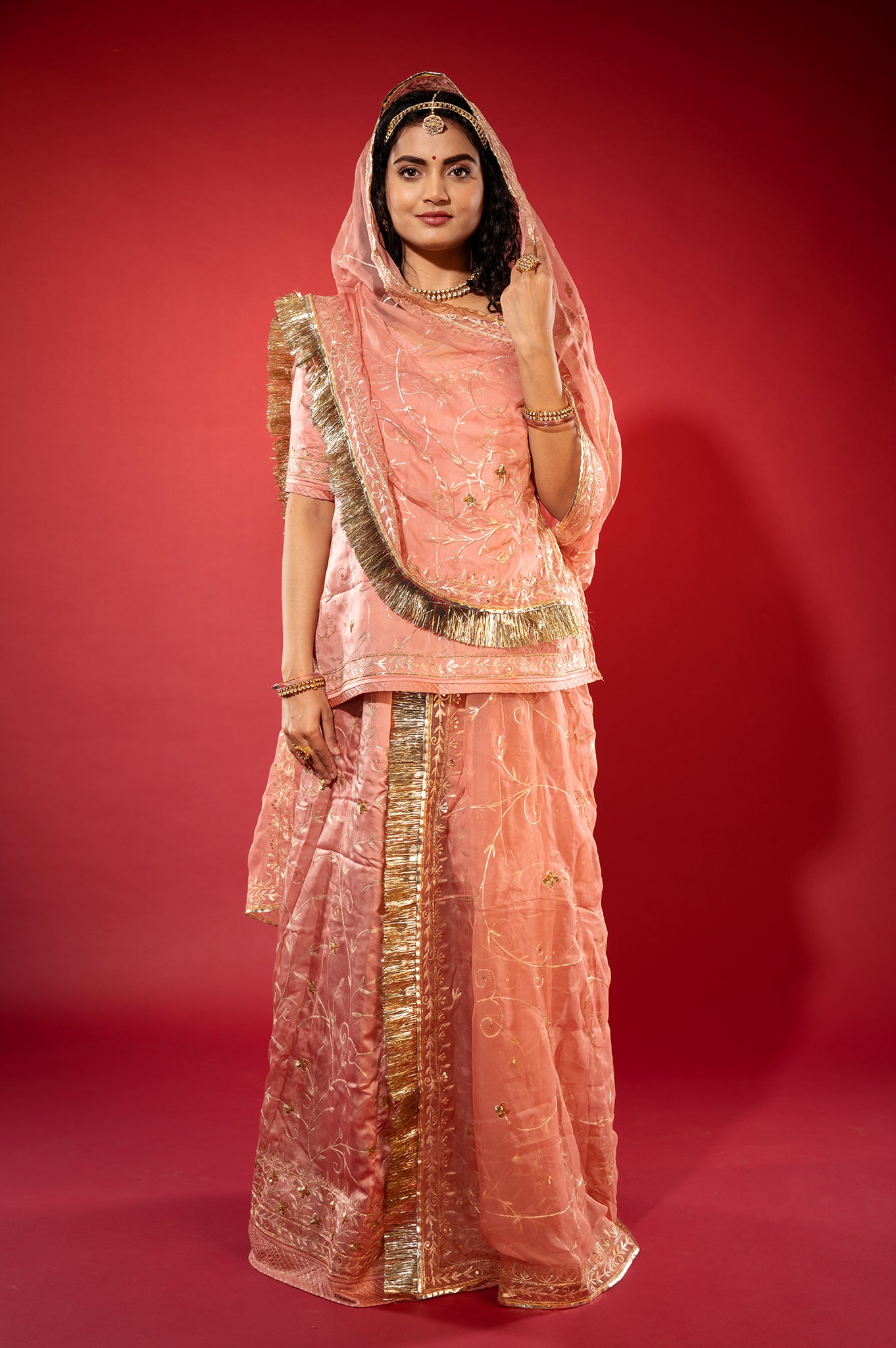 light peach bamber satin aari zardozi handwork rajputi Poshak with Pure odhna