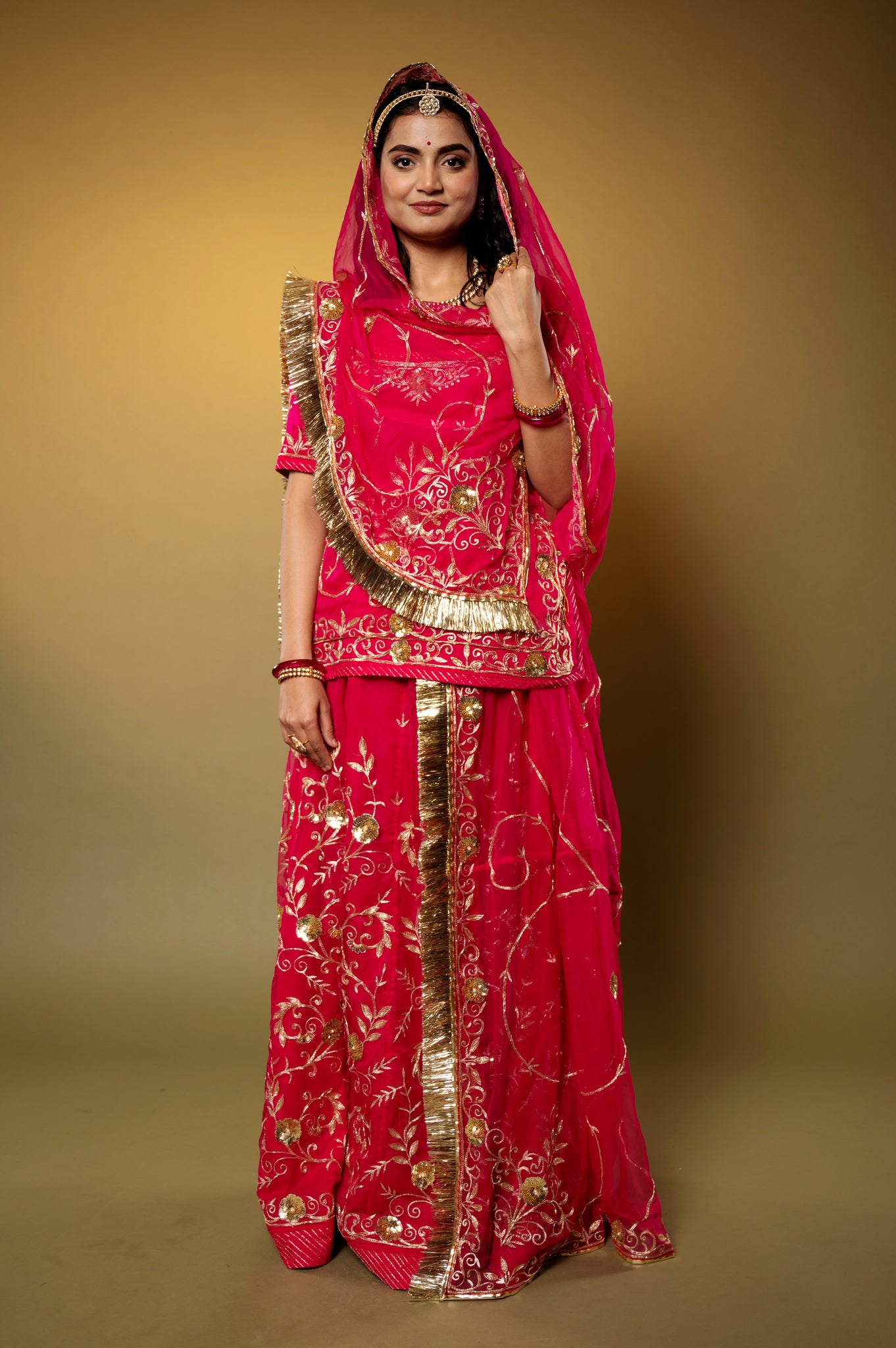 Cherry Red pure georgette aari sequins handwork Rajputi Poshak with Pure odhna