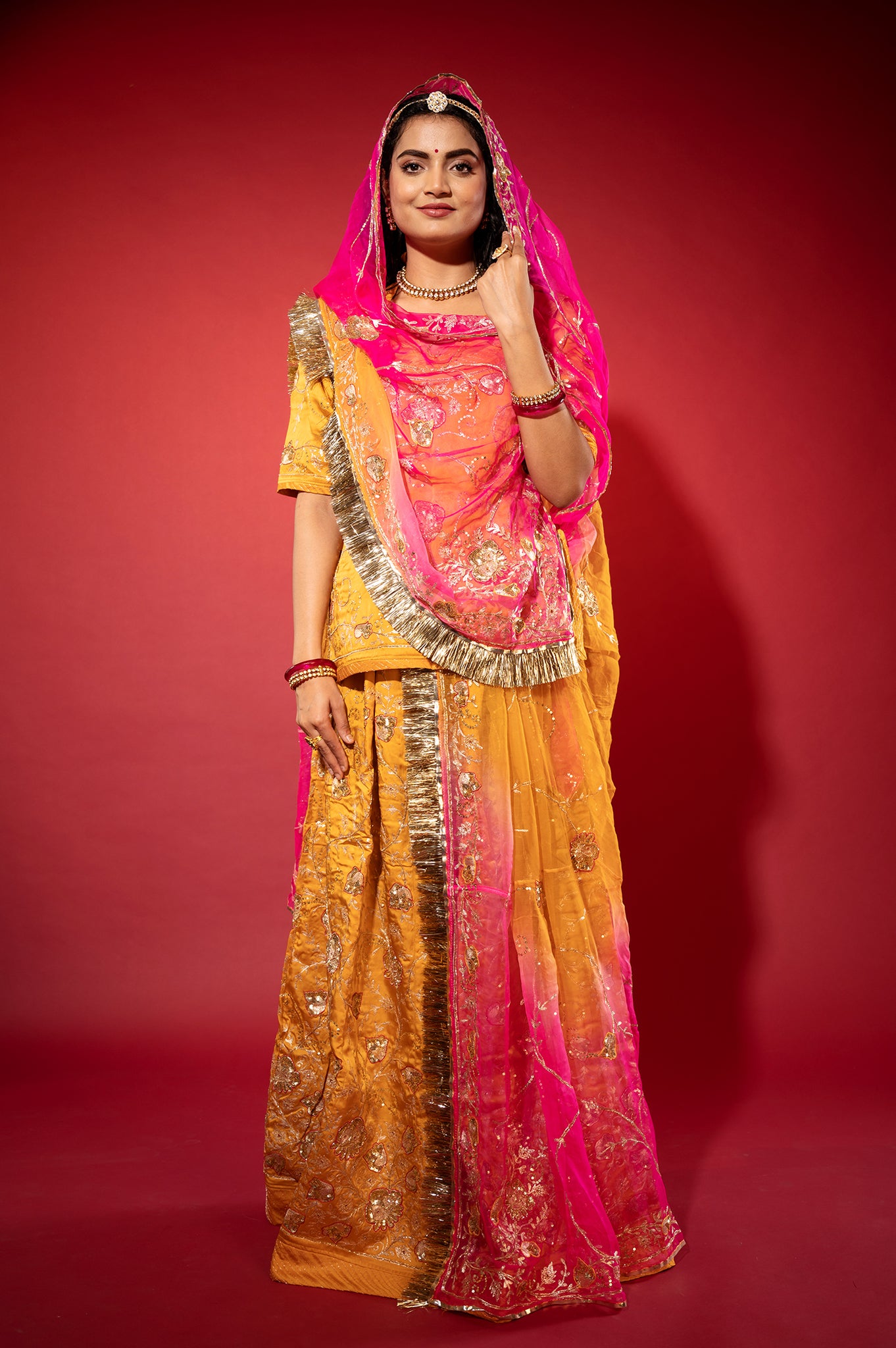 kesariya yellow bamber satin aari zardozi handwork rajputi Poshak with Pure odhna