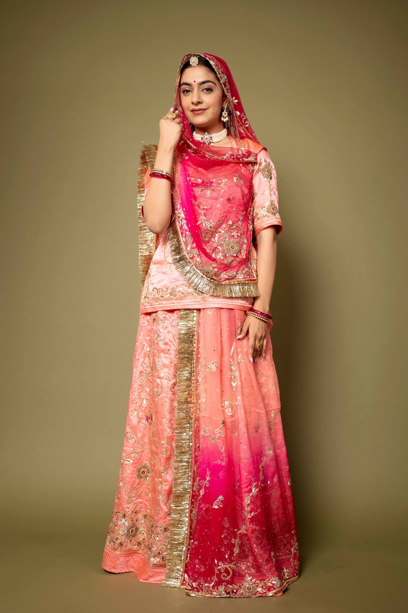 light peach pure satin aari zardozi sequins handwork rajputi Poshak with pure odhna