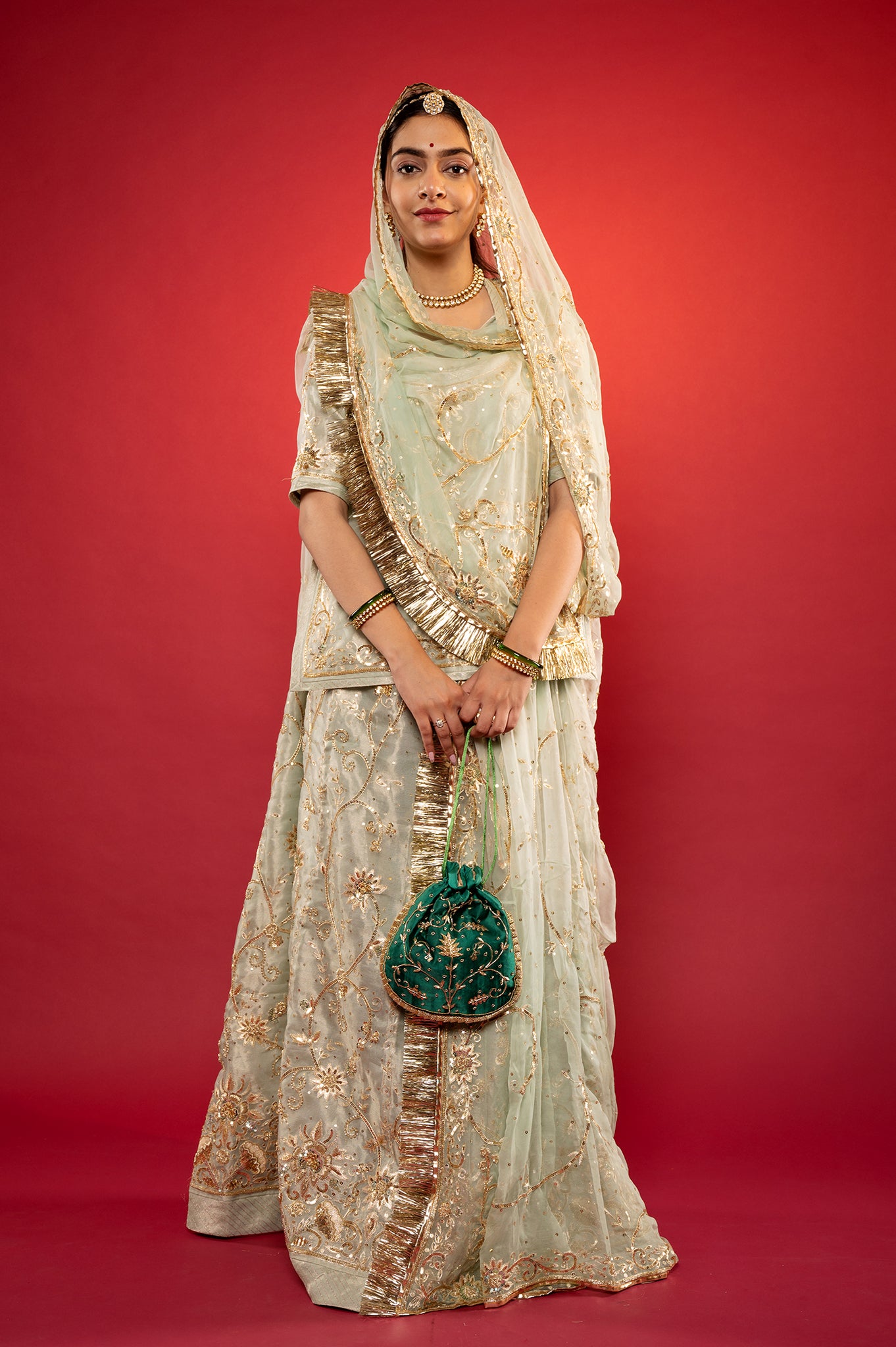 Sage Green Pure Tissue Aari Zardozi handwork rajputi Poshak with Pure odhna