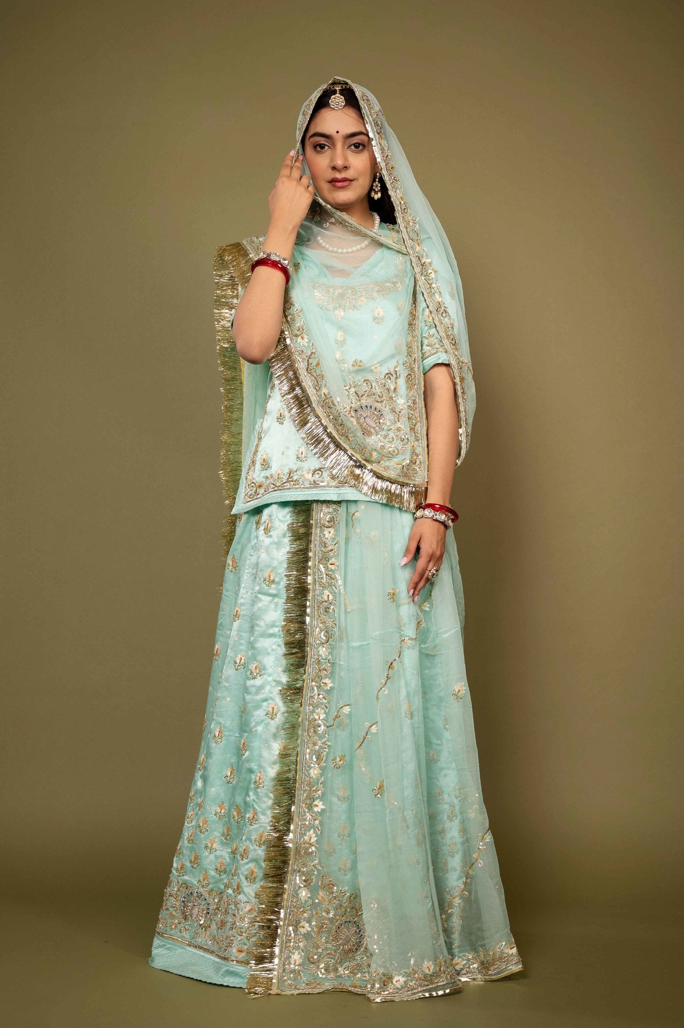 aqua pure satin zardozi handwork rajputi Poshak with pure odhna